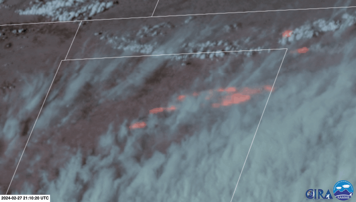 Wildfires (orange coloring) burn in the Texas Panhandle and portions of Oklahoma Tuesday afternoon.