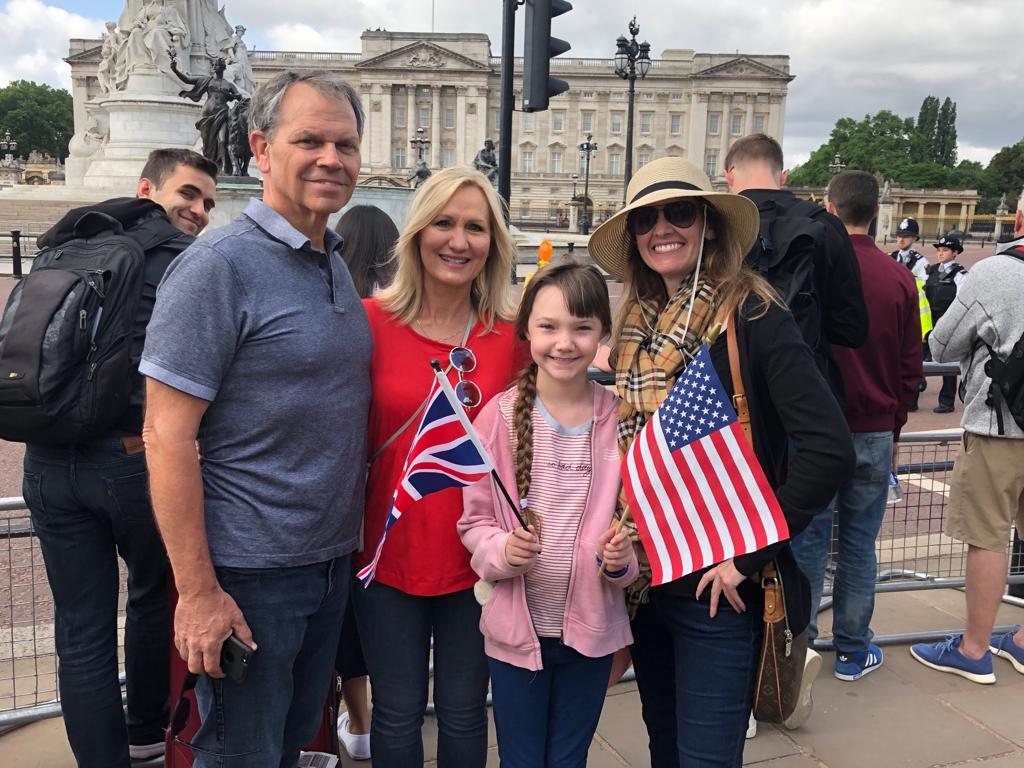 The Lofgran and Weed families outside Buckingham Palace.