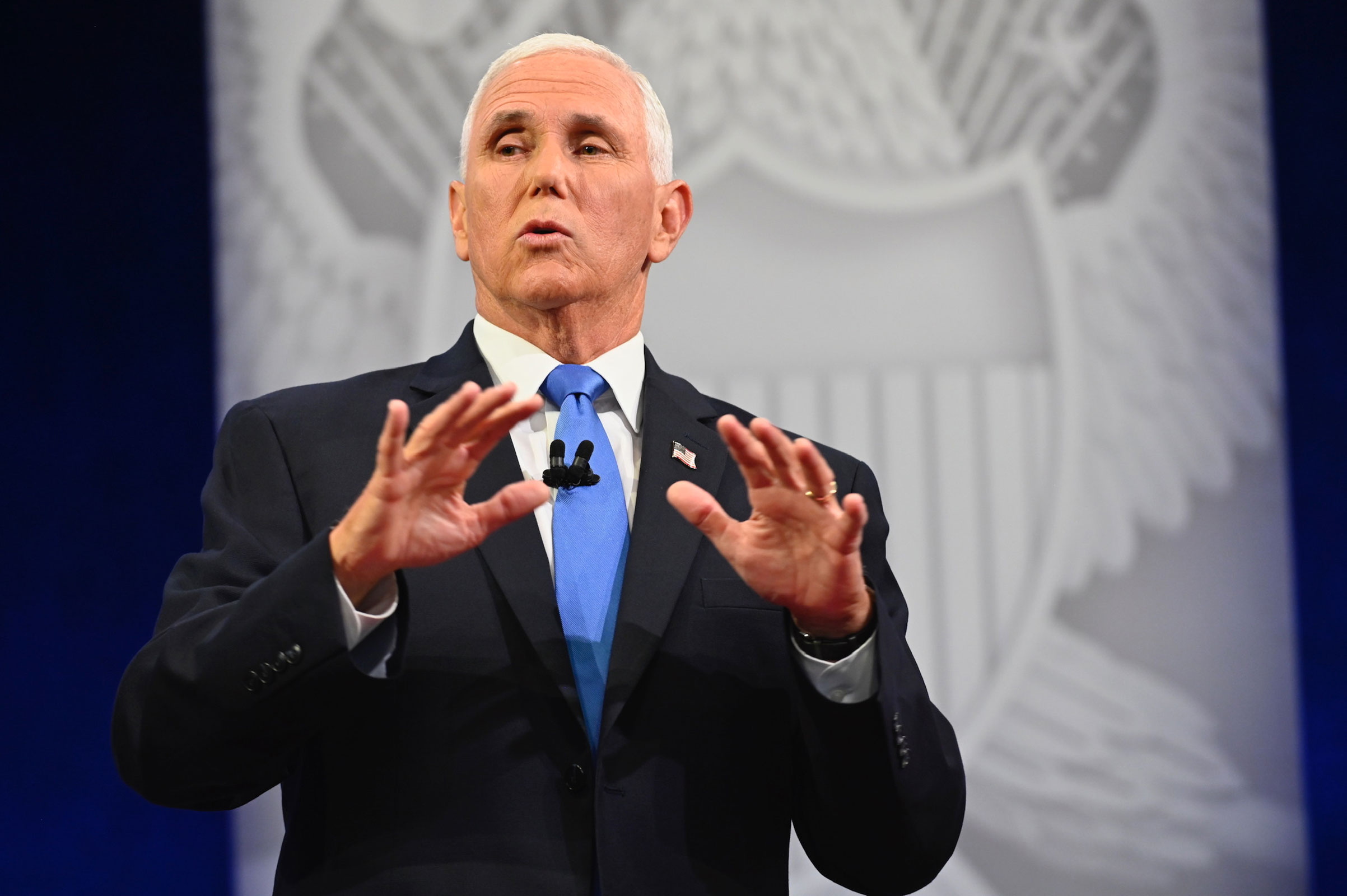 Former Vice President Mike Pence speaks to the crowd during a town hall on Wednesday, June 7, 2023.