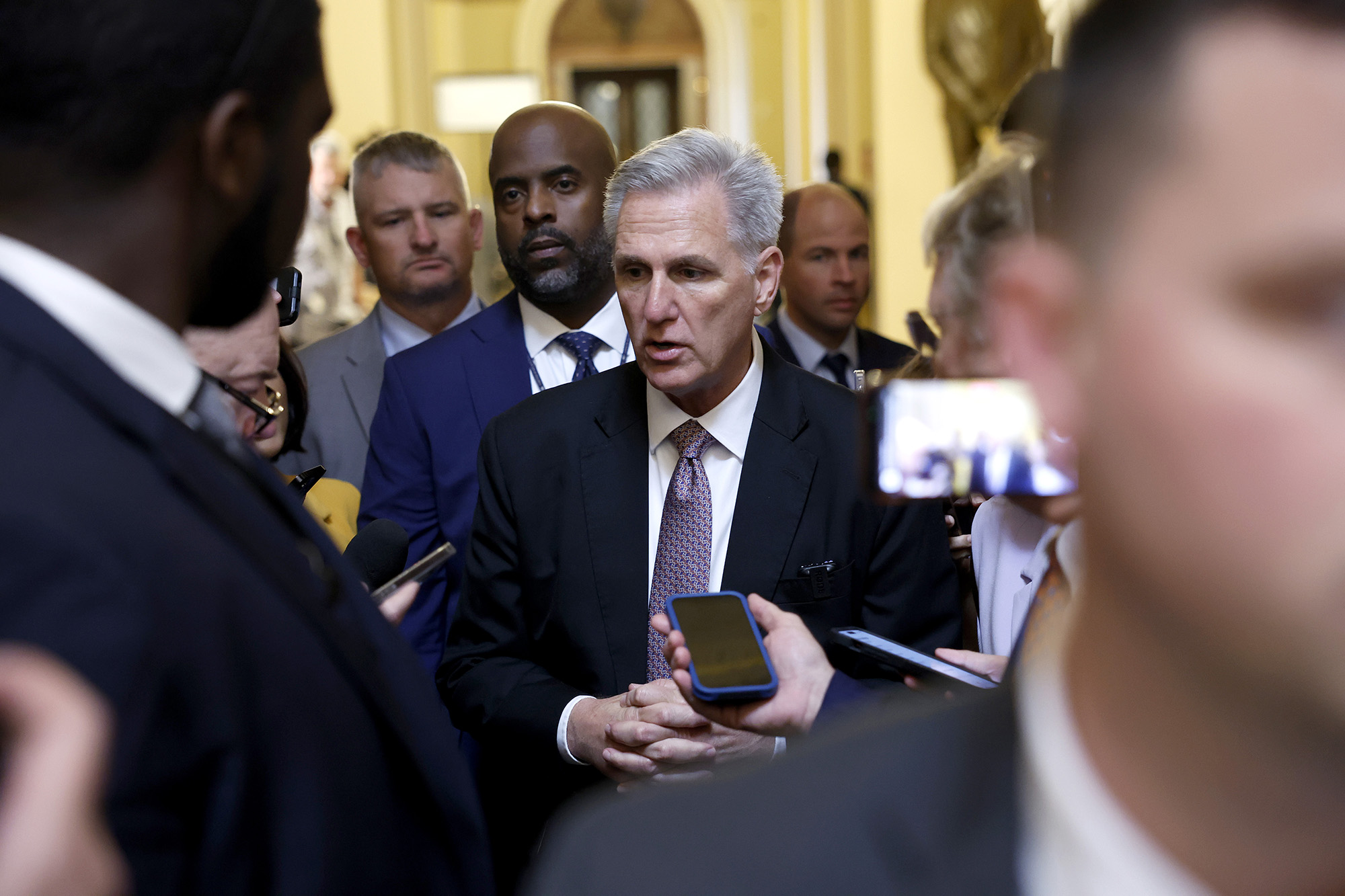 U.S. Speaker of the House Kevin McCarthy speaks to reporters after leaving the House Chambers in the U.S. Capitol Building on September 20, in Washington, DC. 