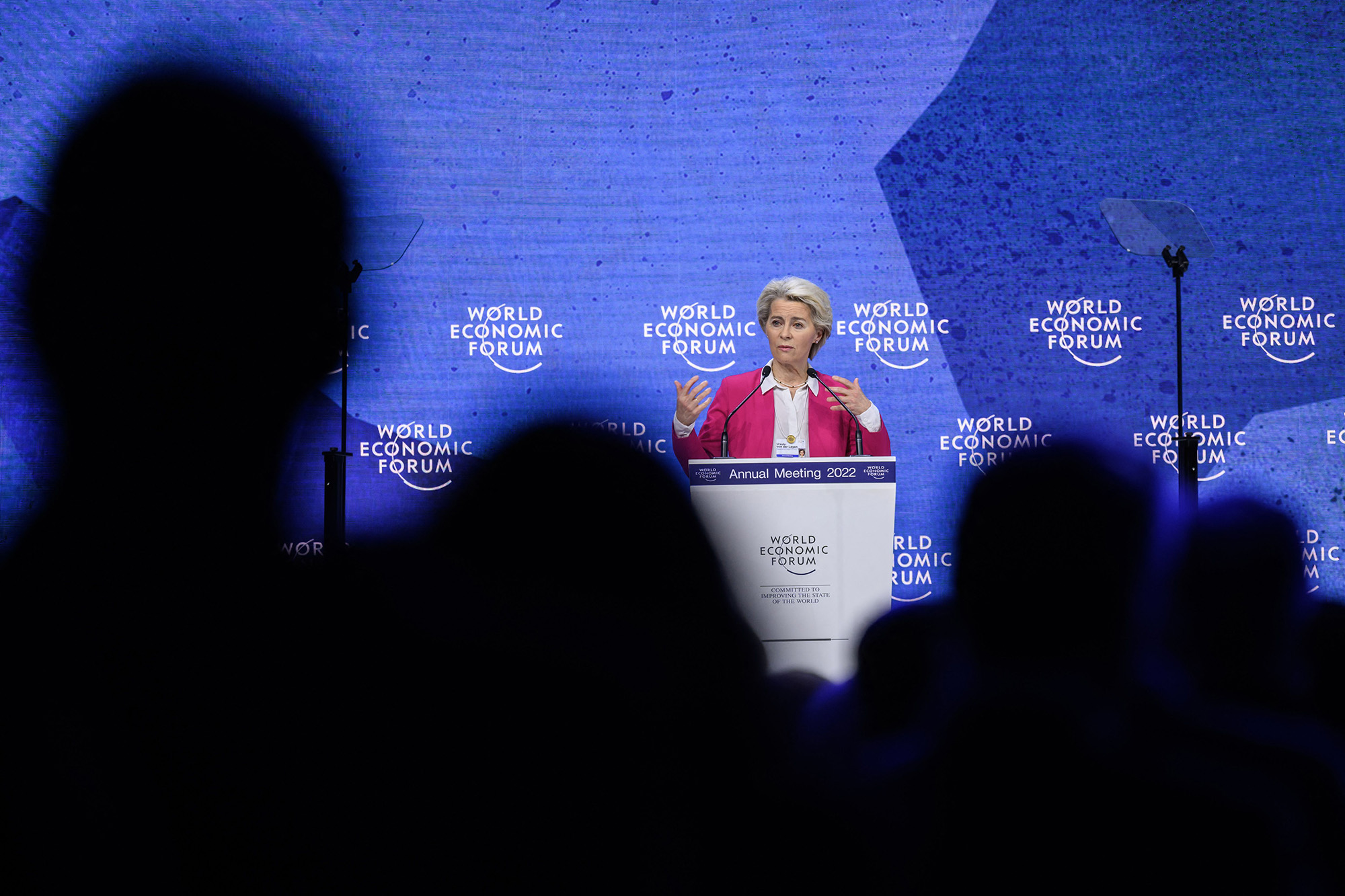 European Commission President Ursula von der Leyen addresses the assembly at the World Economic Forum (WEF) annual meeting in Davos, Switzerland, on May 24.