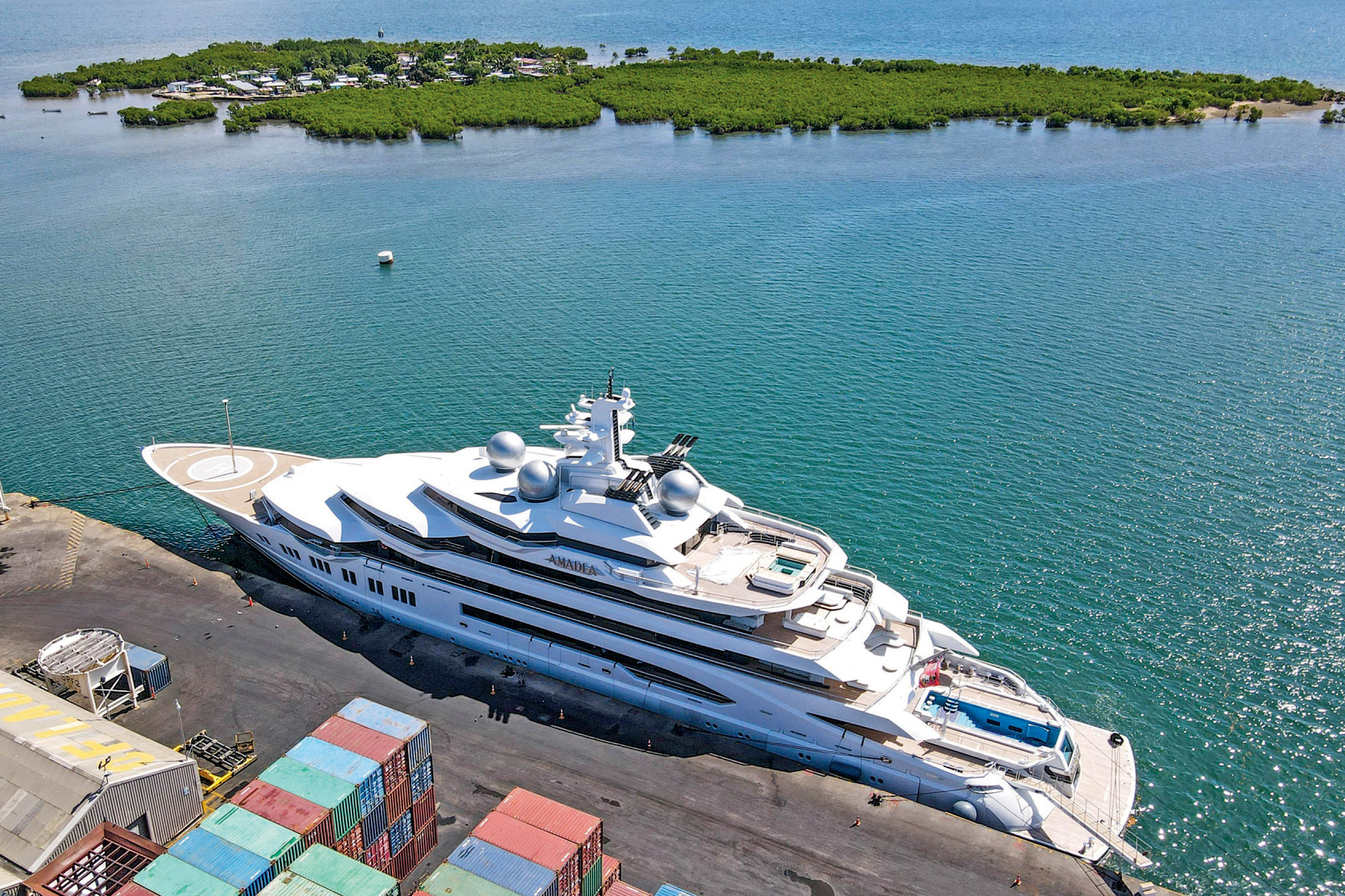 The superyacht Amadea is docked at the Queens Wharf in Lautoka, Fiji, on April 15.