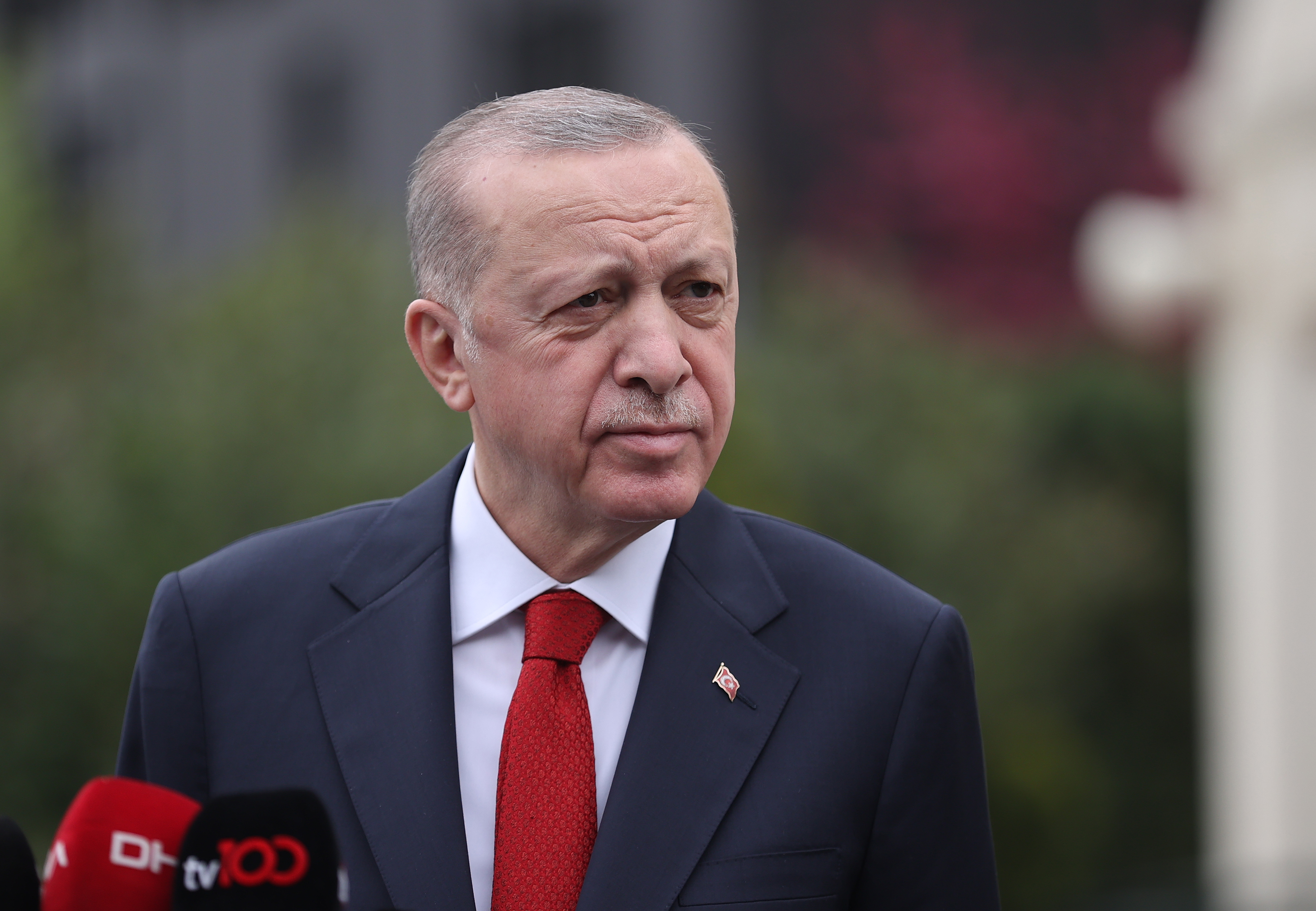 Turkish President Tayyip Erdogan speaks to the press after performing a Friday prayer at Hz. Ali Mosque in Istanbul, Turkey, on April 22, 2022.