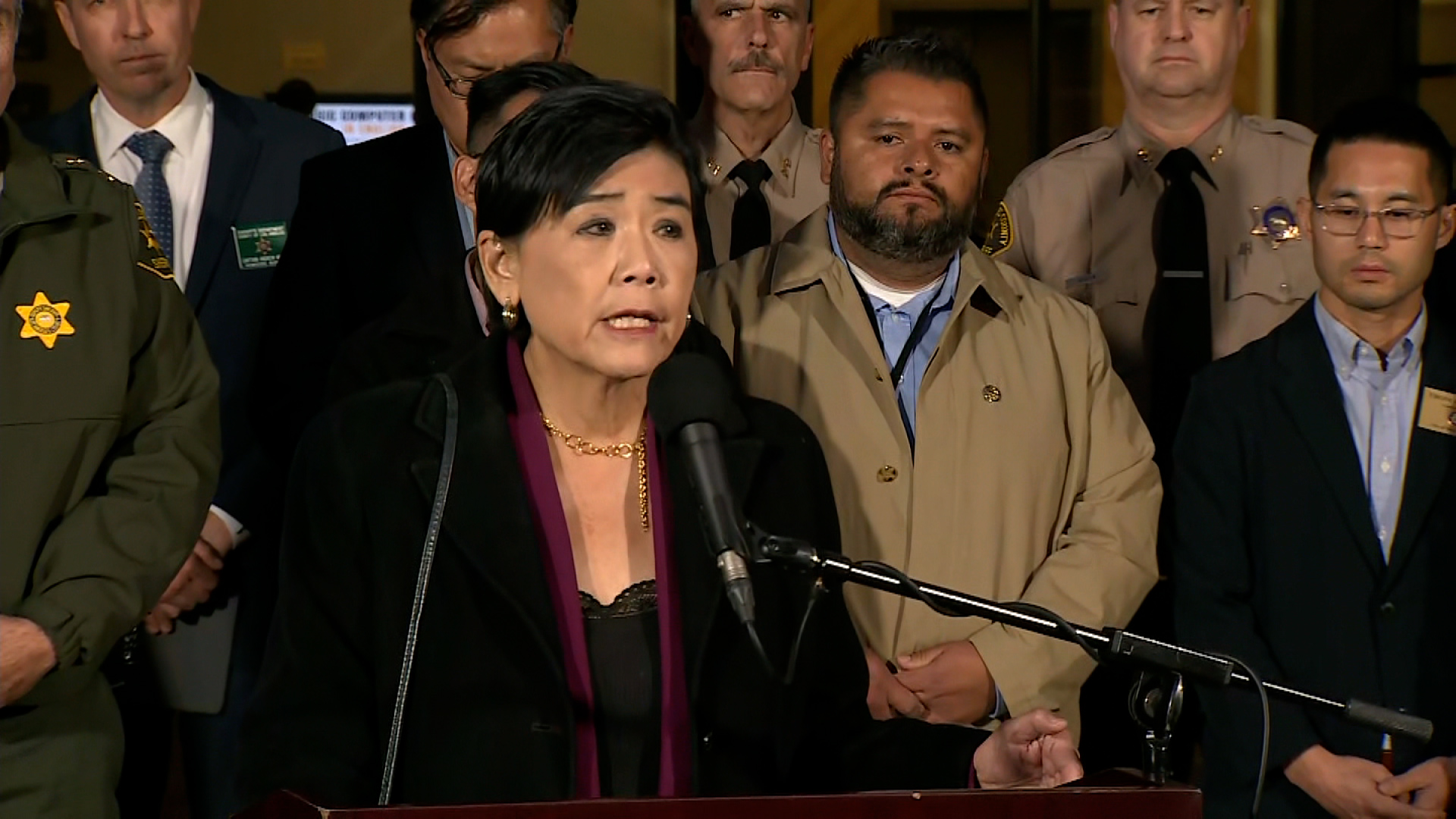 Judy Chu speaks during a press conference about the shooting in Monterey Park, California on Sunday.