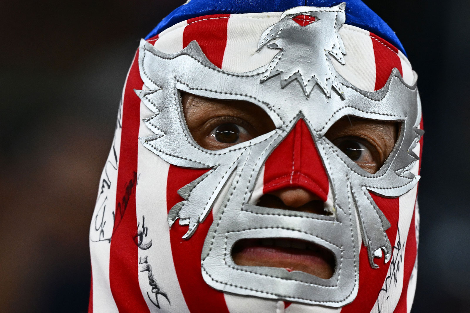 A USA fan wearing an American-themed luchador mask waits in the stands ahead of the match against Wales on November 21.