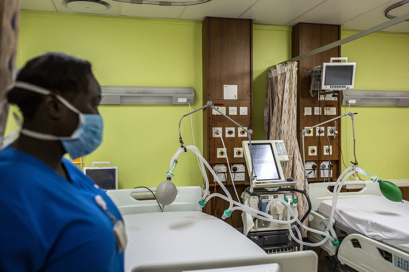 A mechanical ventilator sits by a bed at the Aga Khan University Hospital in Nairobi, Kenya, on Thursday, April 9. 