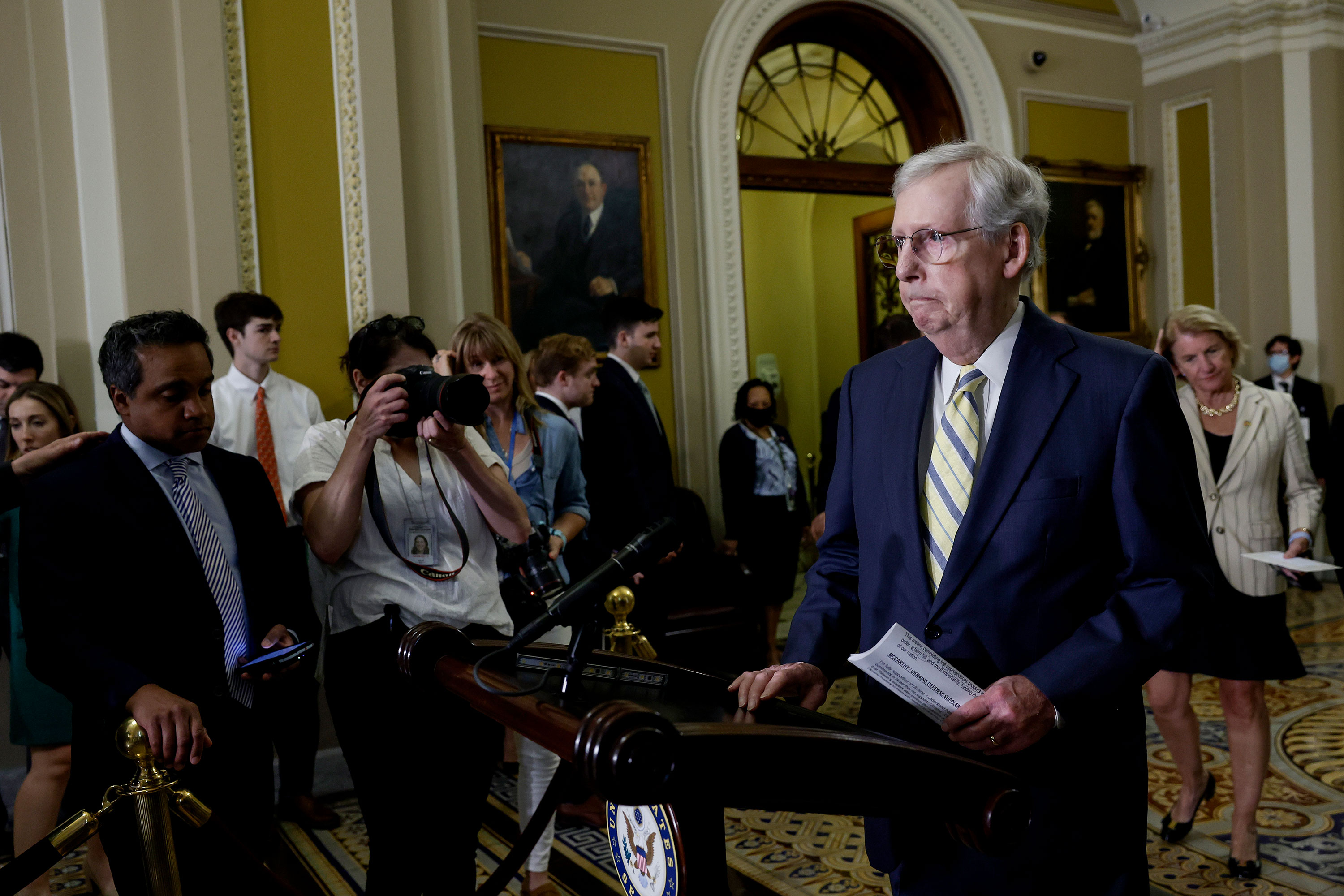 Senate Minority Leader Mitch McConnell arrives to a news conference at the US Capitol Building in Washington, DC, on June 7. 
