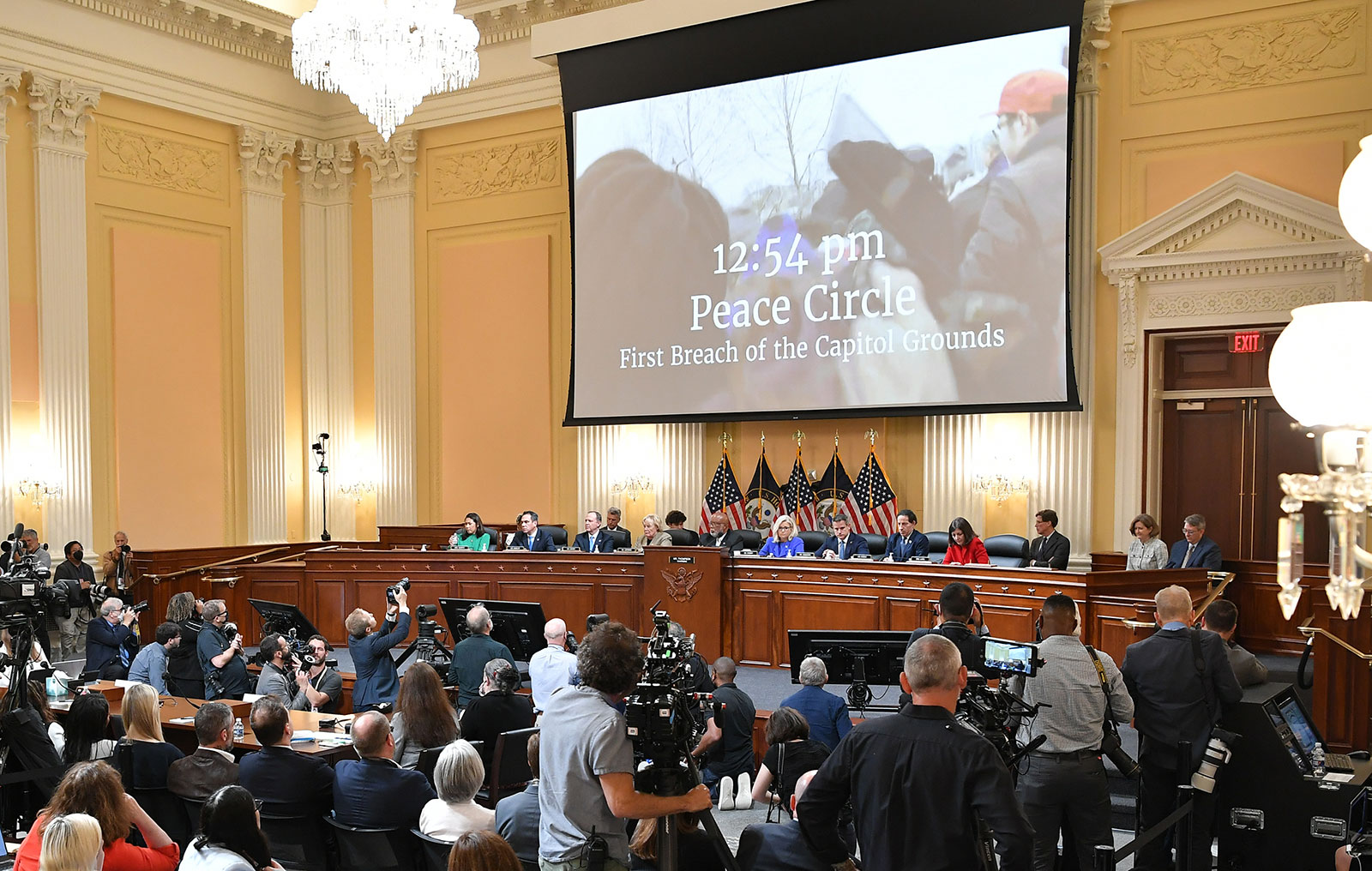 A video image displaying the US Capitol grounds being breached is seen during the Jan. 6 hearing on June 9. 