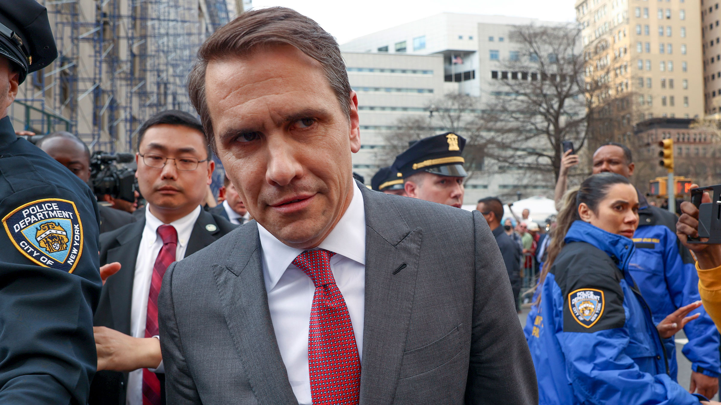 Todd Blanche, a defense attorney for former President Donald Trump, leaves a courthouse in New York in April.