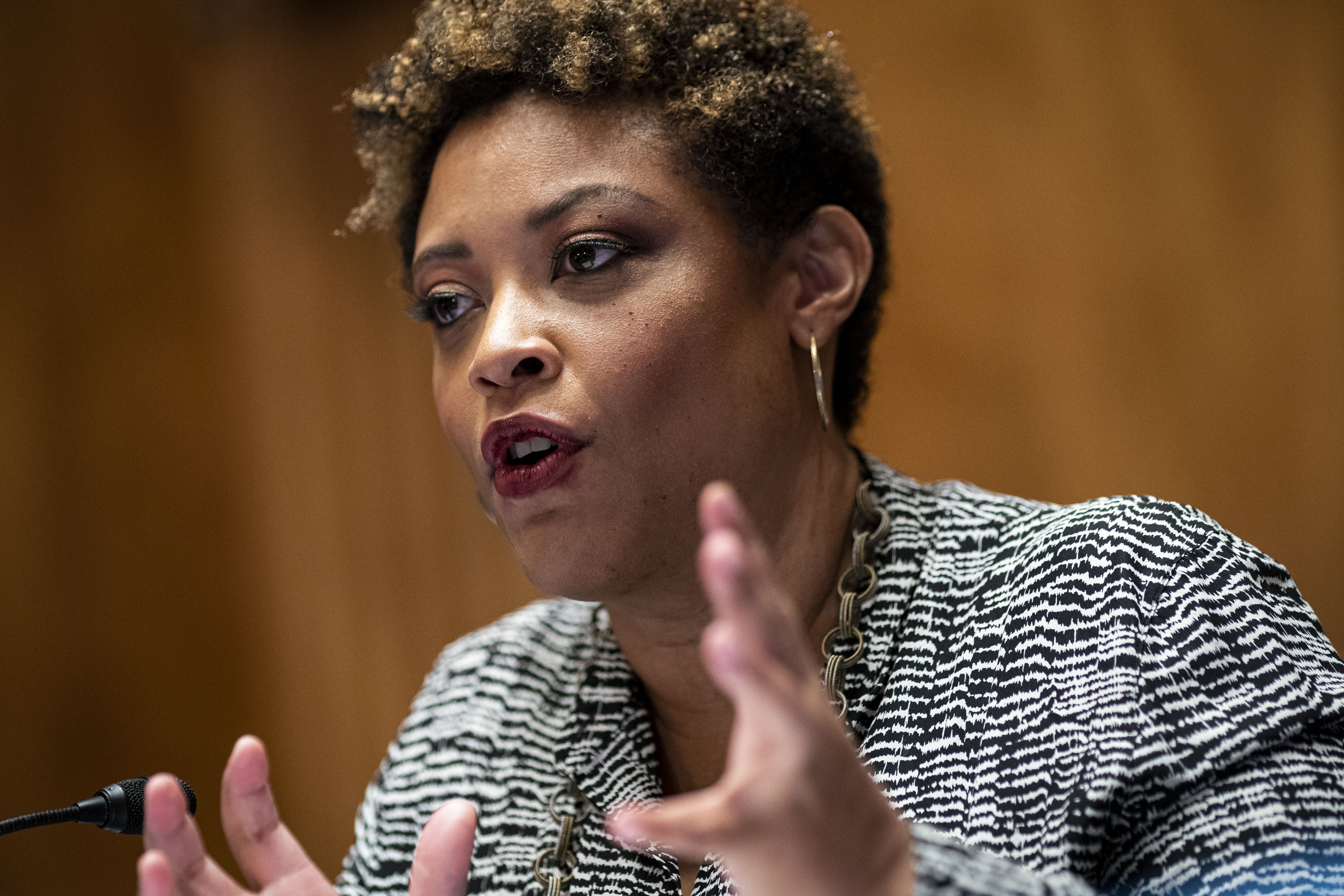 Shalanda Young, acting Office of Management and Budget director, speaks during a Senate Homeland Security and Governmental Affairs Committee confirmation hearing in Washington, DC, on February 1.