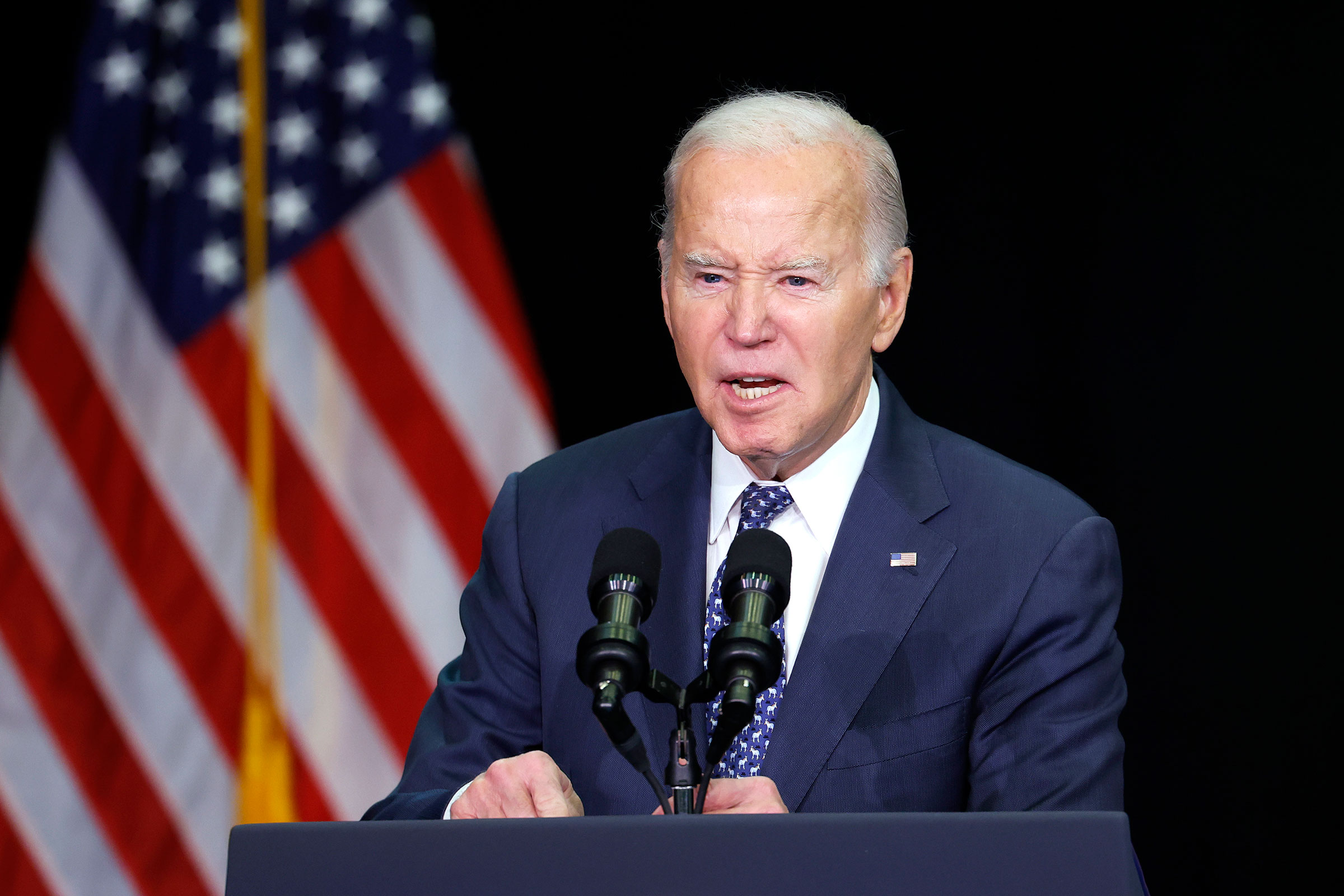 President Joe Biden speaks during the annual House Democrats 2024 Issues Conference on February 8, in Leesburg, Virginia. 