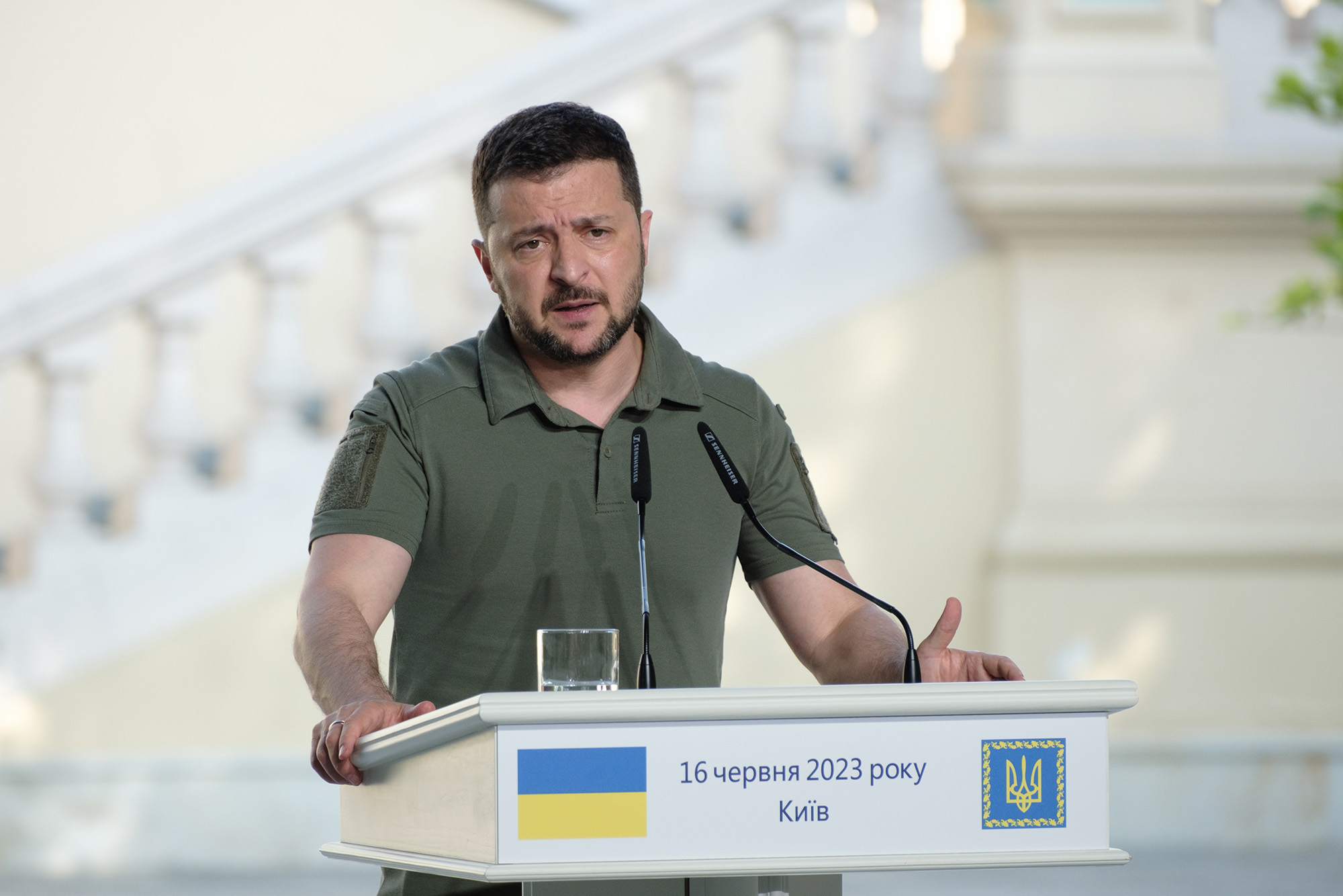 Ukrainian President Volodymyr Zelensky speaks during a joint press conference with leaders of African countries on June 16, 2023 in Kyiv, Ukraine.