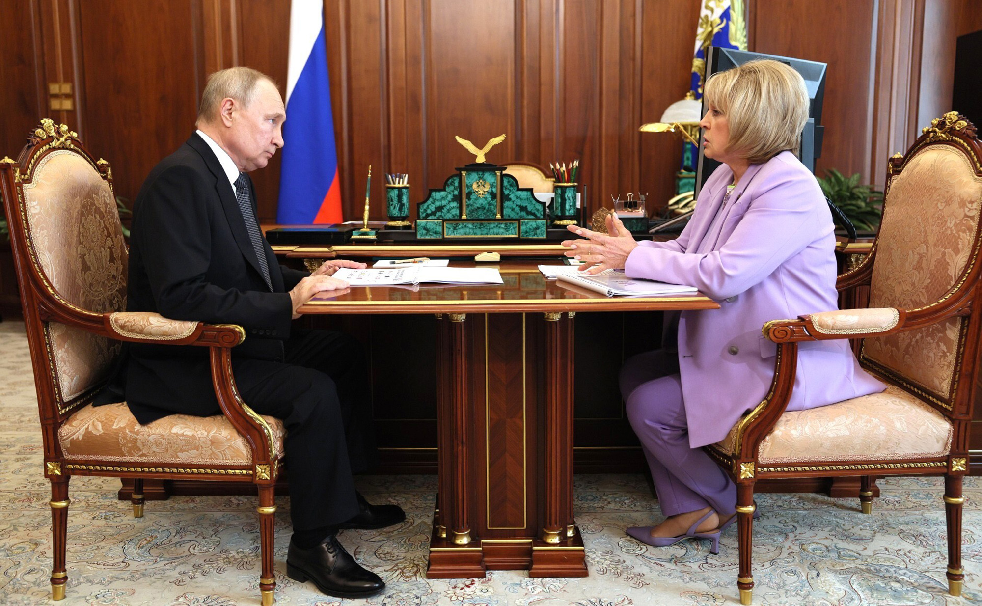 Russian President Vladimir Putin meets with the country's Central Election Commission head Ella Pamfilova at the Kremlin in Moscow, Russia, on July 3.