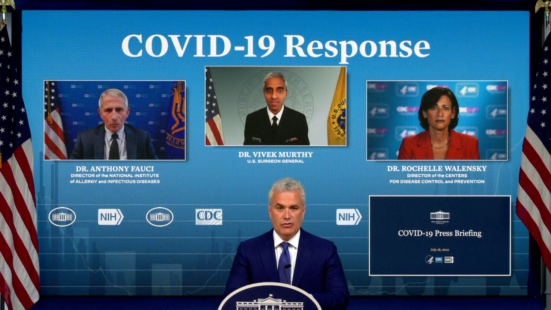 White House Covid-19 response coordinator Jeff Zients, front, speaks during a virtual briefing on July 16, 2021.