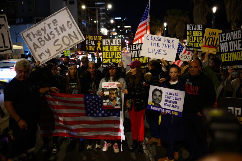 Protesters call on President Joe Biden to secure a hostage deal ahead of Ramadan, outside the US Embassy in Tel Aviv on March 5.