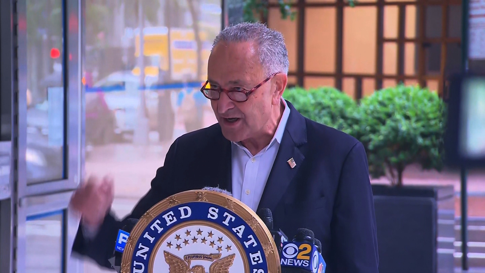 Sen. Chuck Schumer speaks at a press conference on August 16.