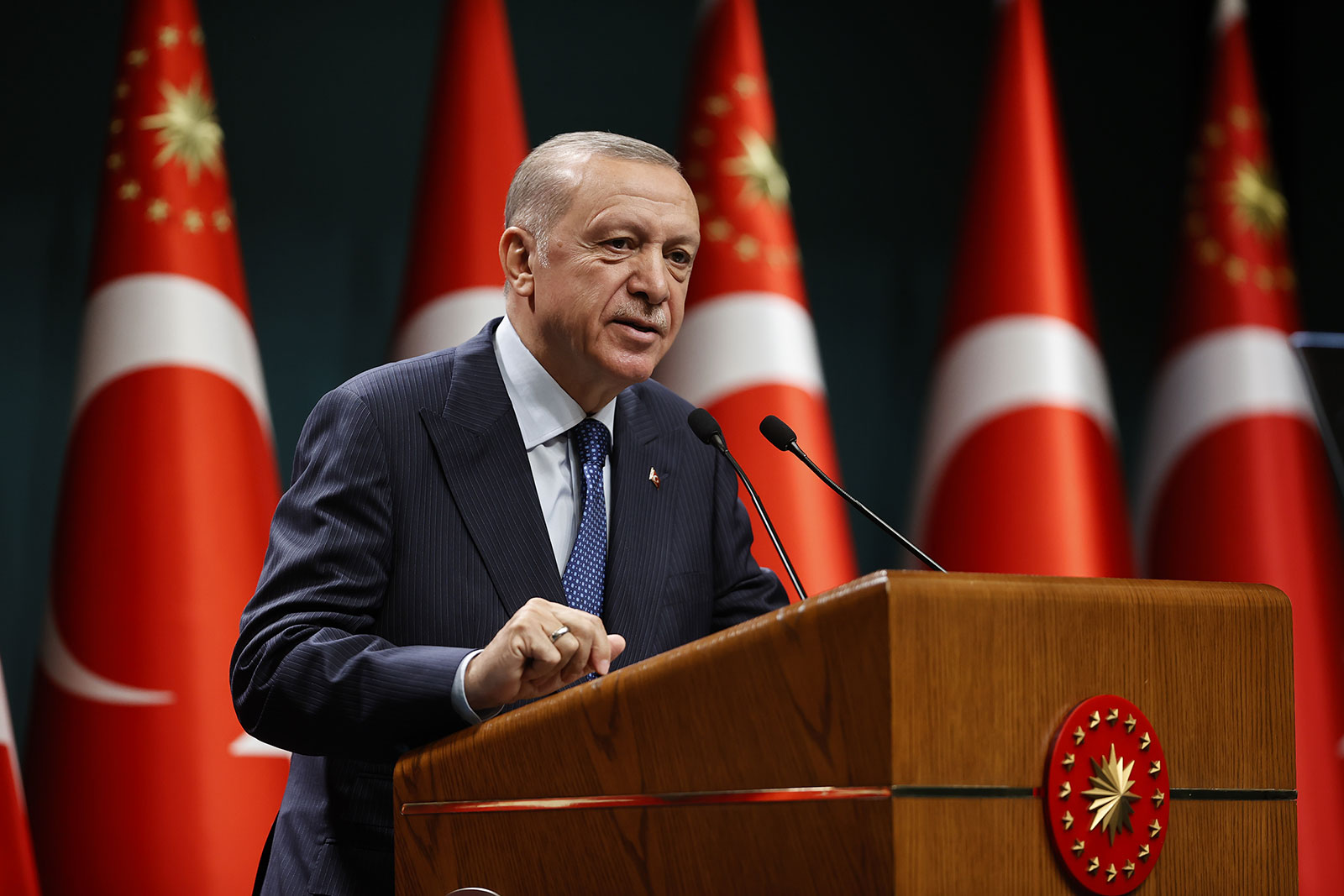 Turkish President Recep Tayyip Erdoğan speaks during a press conference after a cabinet meeting on July 18 in Ankara, Turkey.