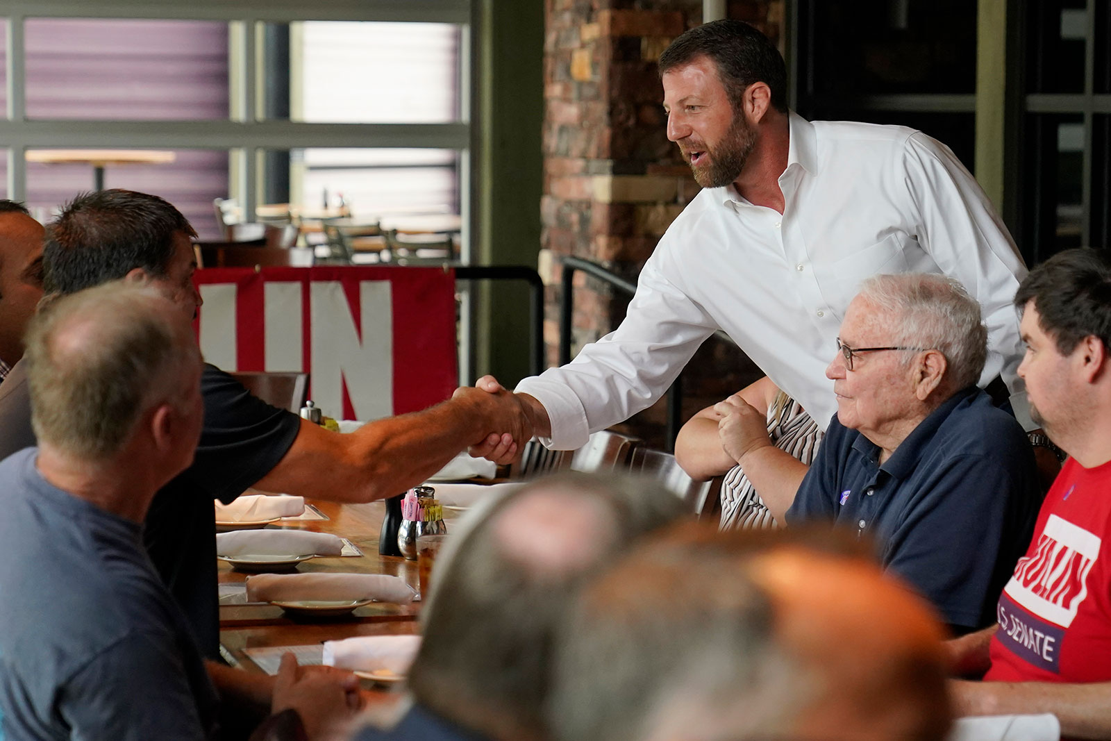 Rep. Markwayne Mullin speaks with supporters at a luncheon in Norman, Oklahoma, on Tuesday.