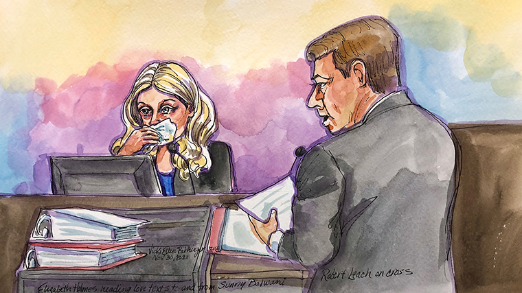 Elizabeth Holmes reacting during cross examination at the federal court in San Jose, California, on Tuesday November 30, as she was asked to read texts between her and former Theranos COO Ramesh "Sunny" Balwani.