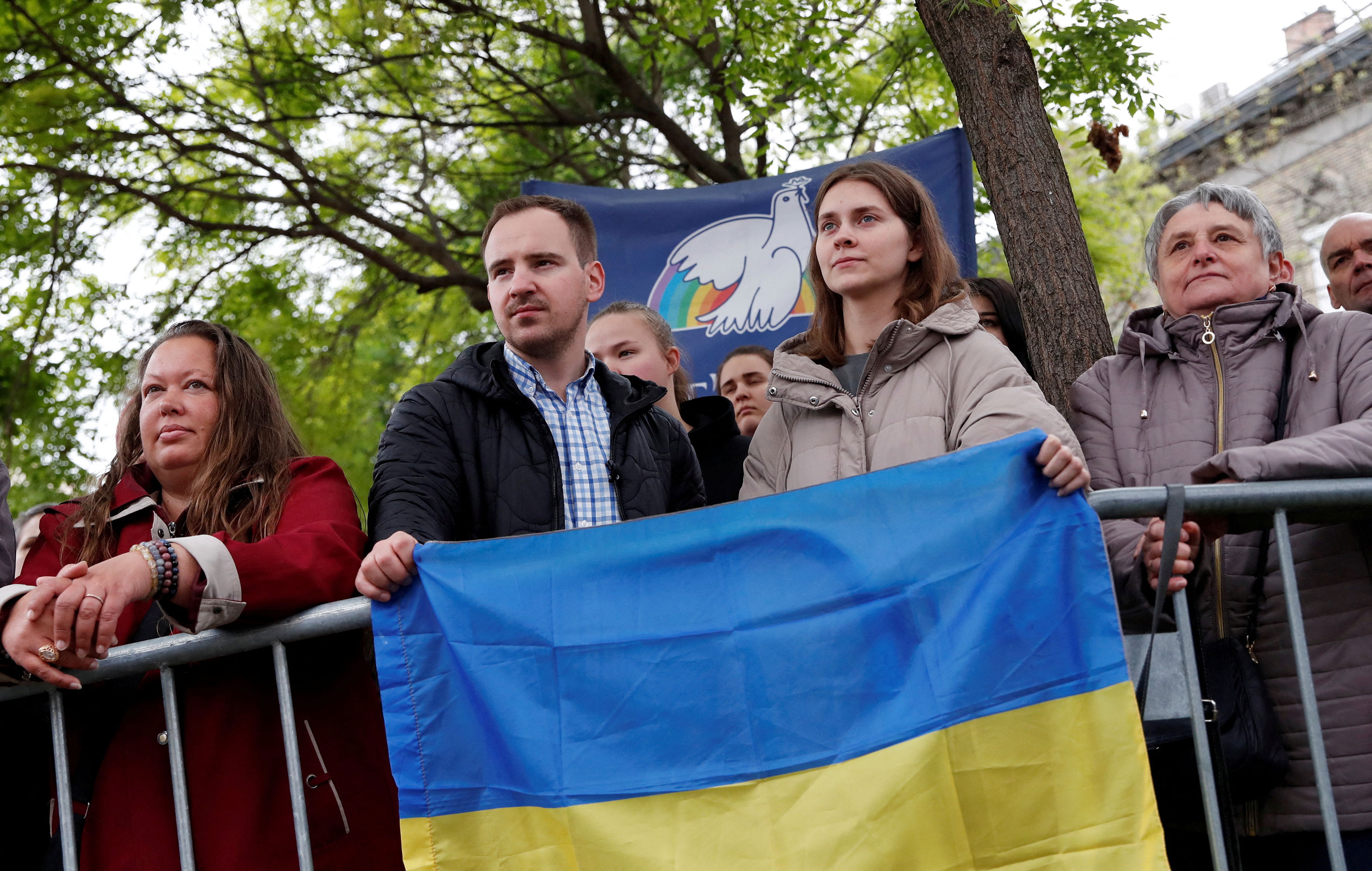 Ukrainians stand outside the St. Elizabeth of Hungary Church in Budapest on April 29. 