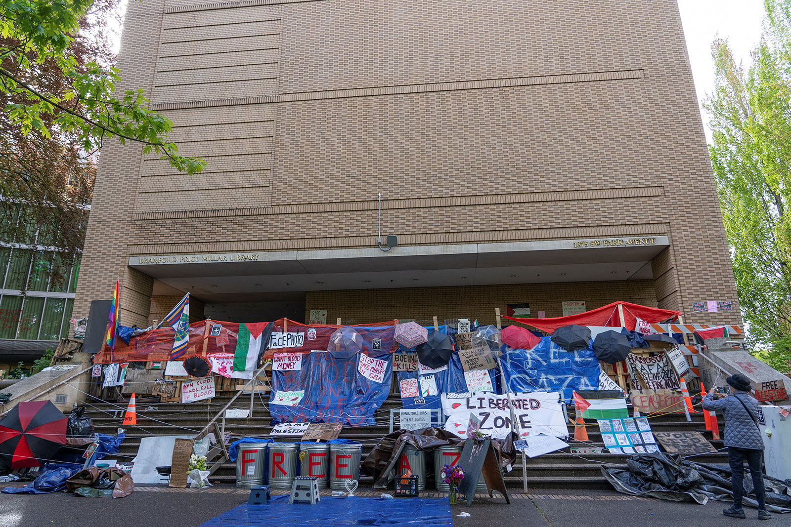 A view of  the barricaded Portland State University Library building in Portland, Oregon, as seen on Tuesday, April 30.