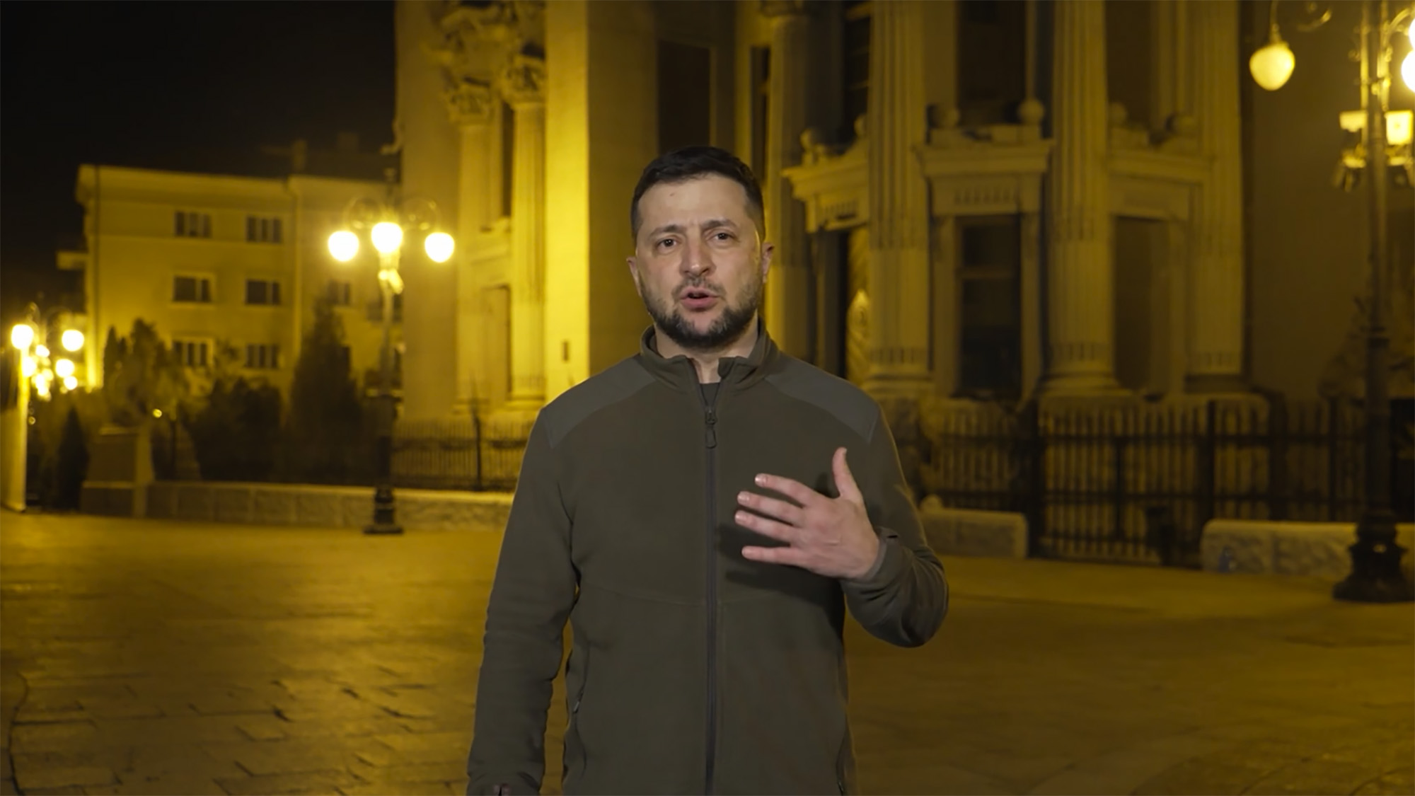 Ukrainian President Volodymyr Zelensky speaks during a video message early Saturday morning March 19.