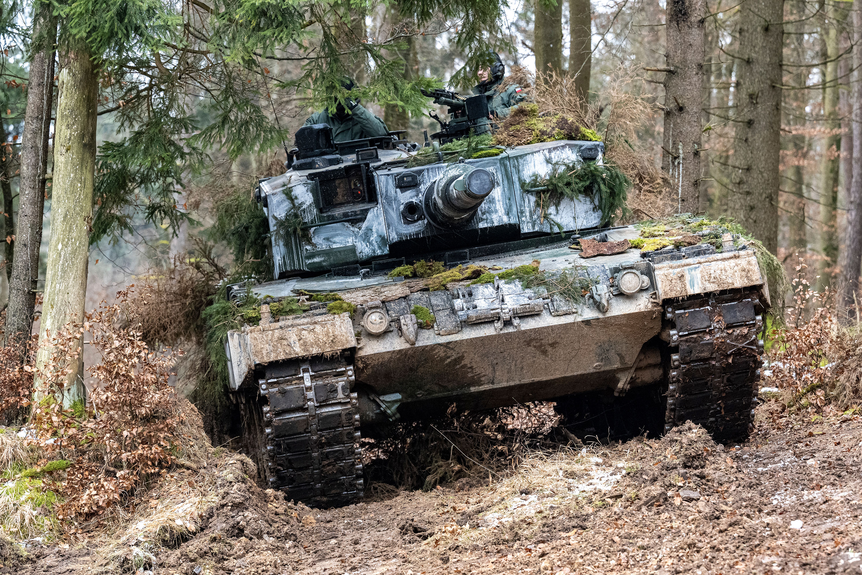 A Polish Leopard 2 stands in a wooded area during an international military exercise "Allied Spirit 2022" in Bavaria, Hohenfels, Germany on January 27, 2022.