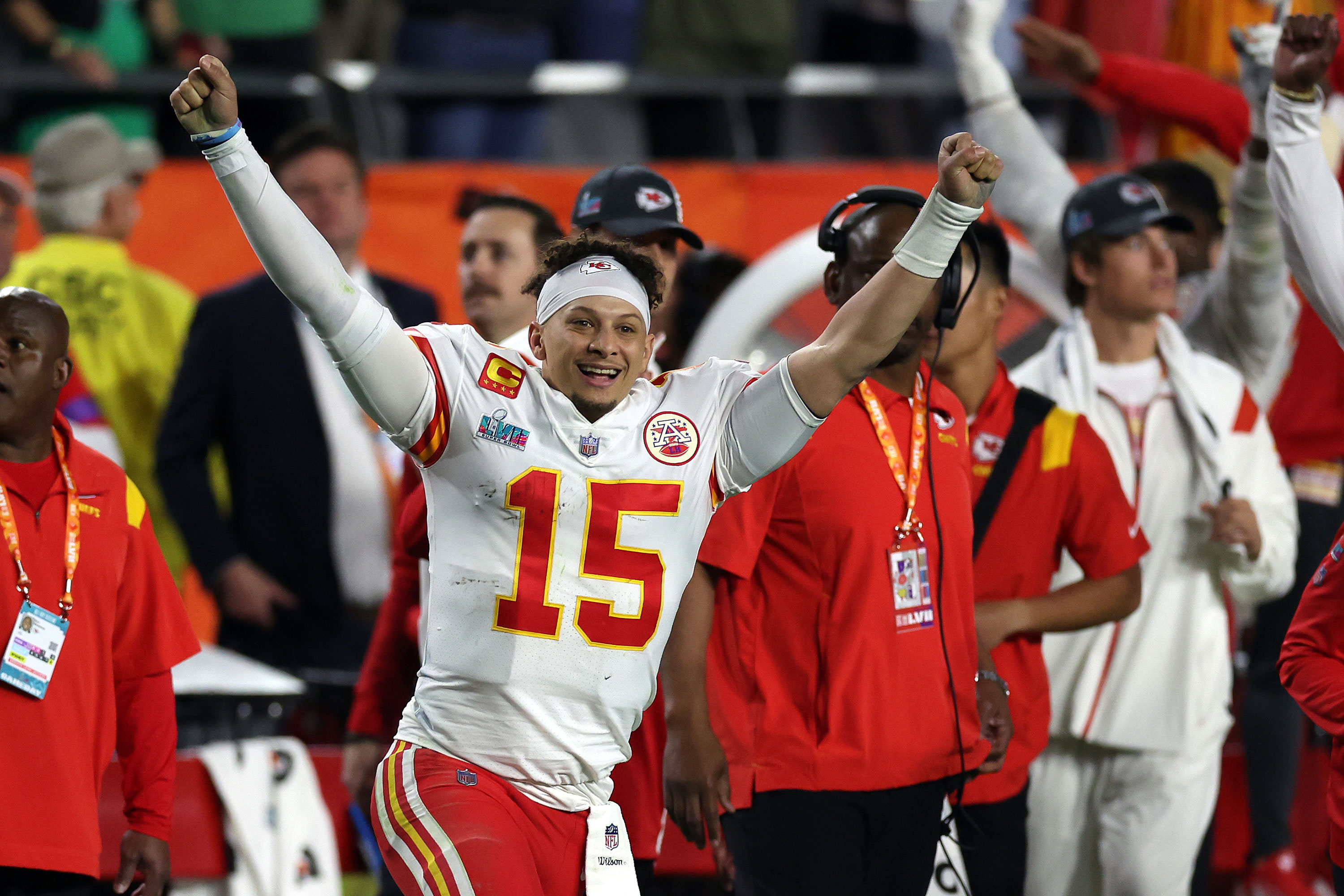 Patrick Mahomes celebrates after defeating the Philadelphia Eagles to win Super Bowl LVII.