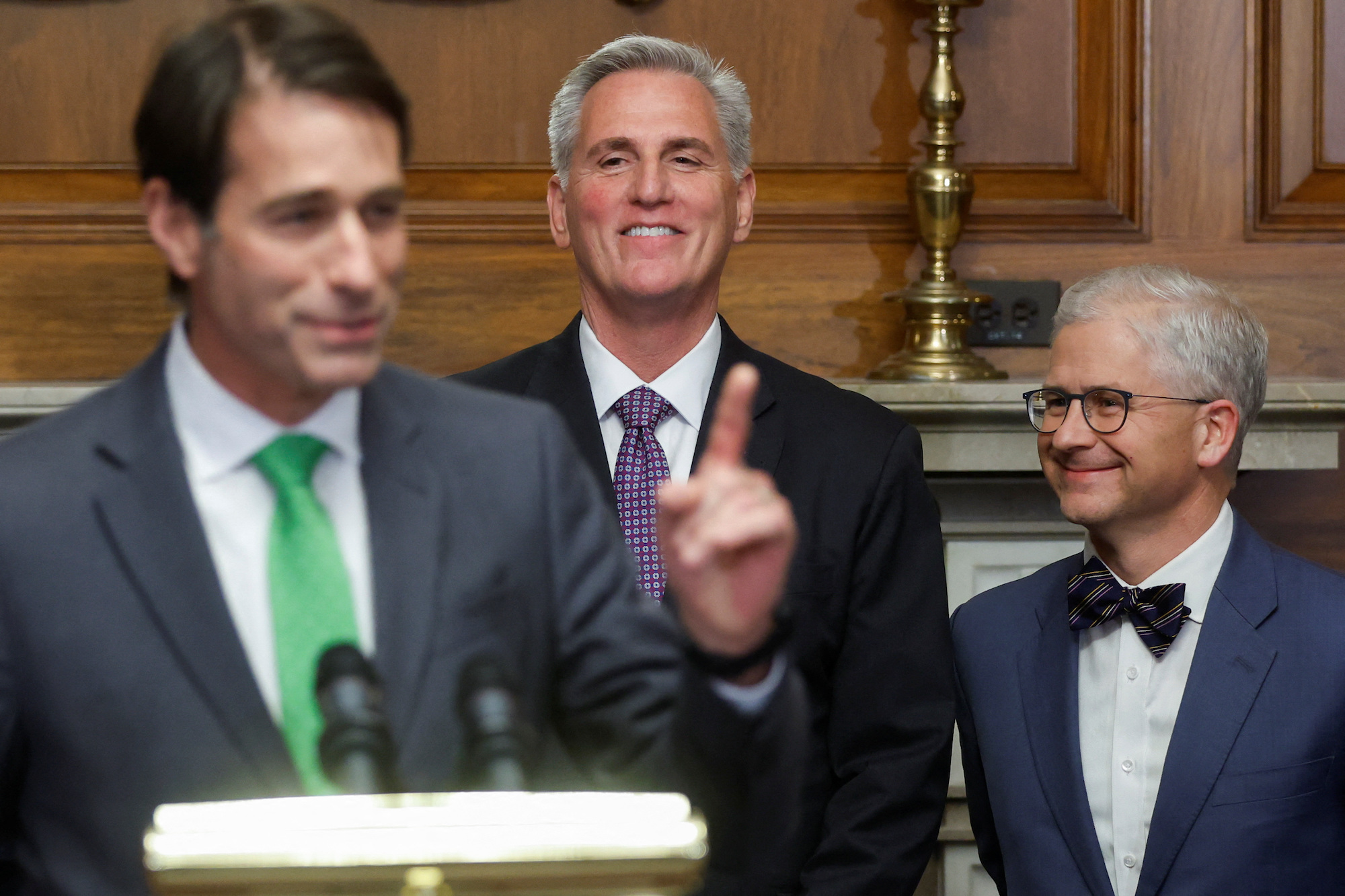 House Speaker Kevin McCarthy reacts during a press conference at the Capitol on Wednesday night.