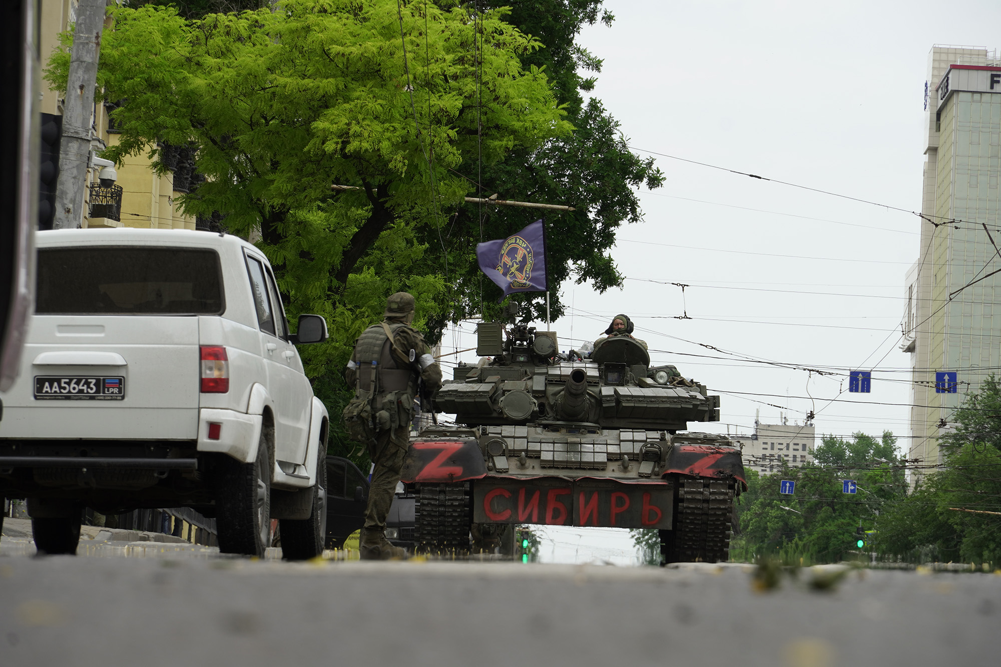 Armored vehicles and members of the Wagner group on the streets during tensions between the Kremlin and the Russian paramilitary group in Rostov-on-Don, Russia, on June 24