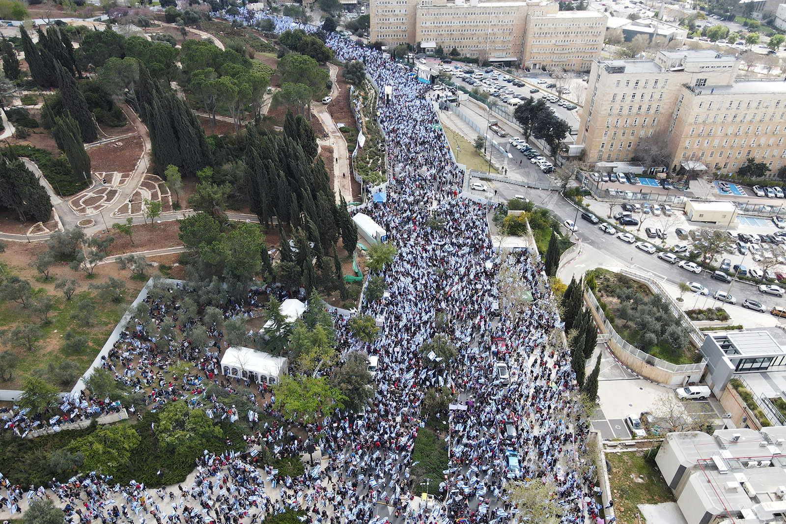 An aerial view shows protesters attending a demonstration in Jerusalem on March 27. 