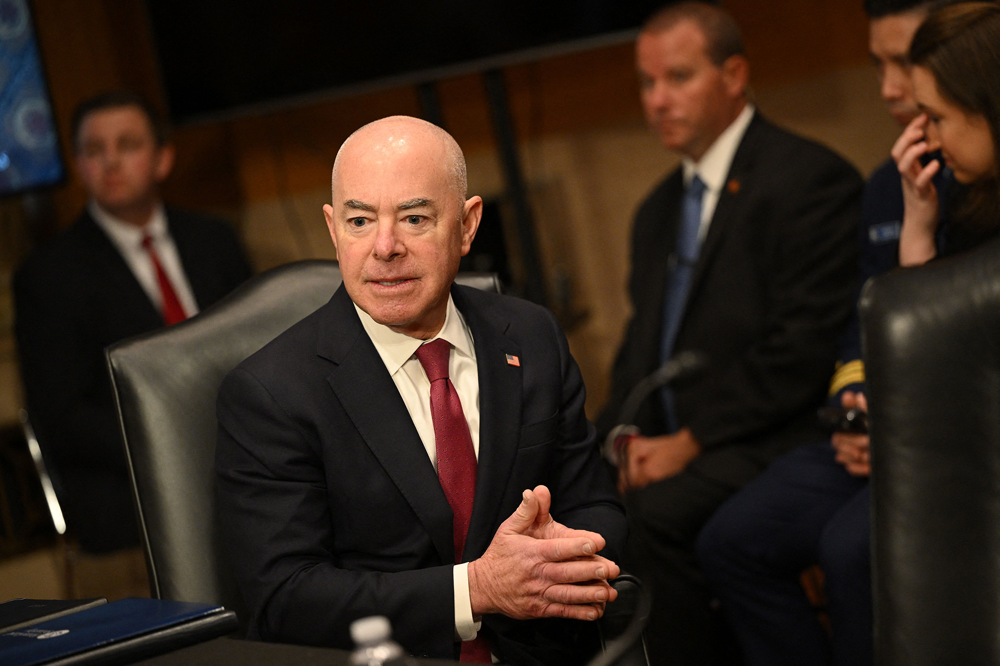 US Homeland Security Secretary Alejandro Mayorkas arrives to testify during a Senate Homeland Security and Government Affairs Committee hearing on Capitol Hill in Washington, DC, on October 31.