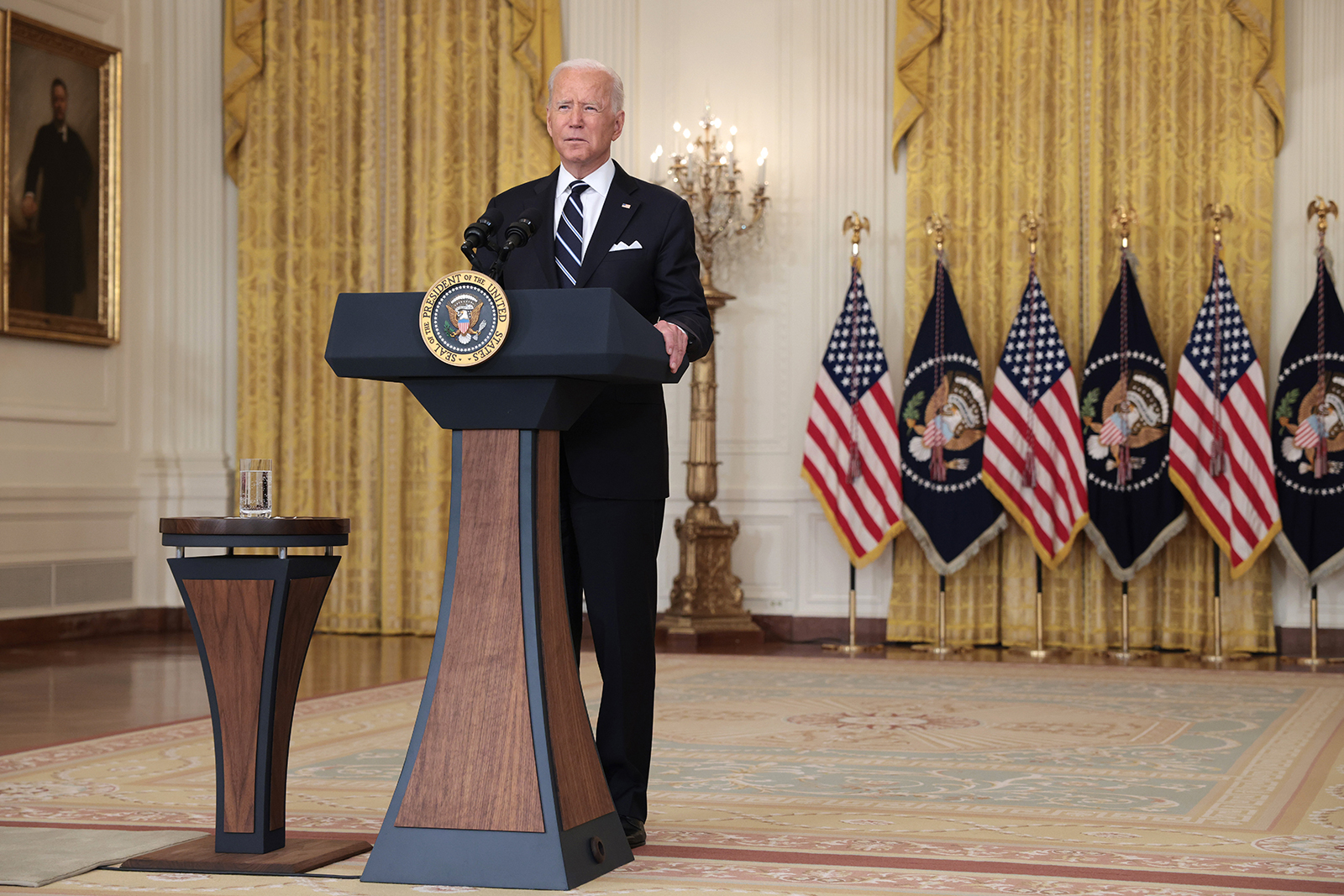 President Joe Biden delivers remarks in the East Room of the White House on August 18, in Washington.