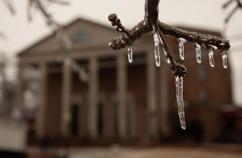 Icicles hang from a tree outside Mississippi Boulevard Christian Church in Memphis, Tennessee, on Wednesday, February 1.