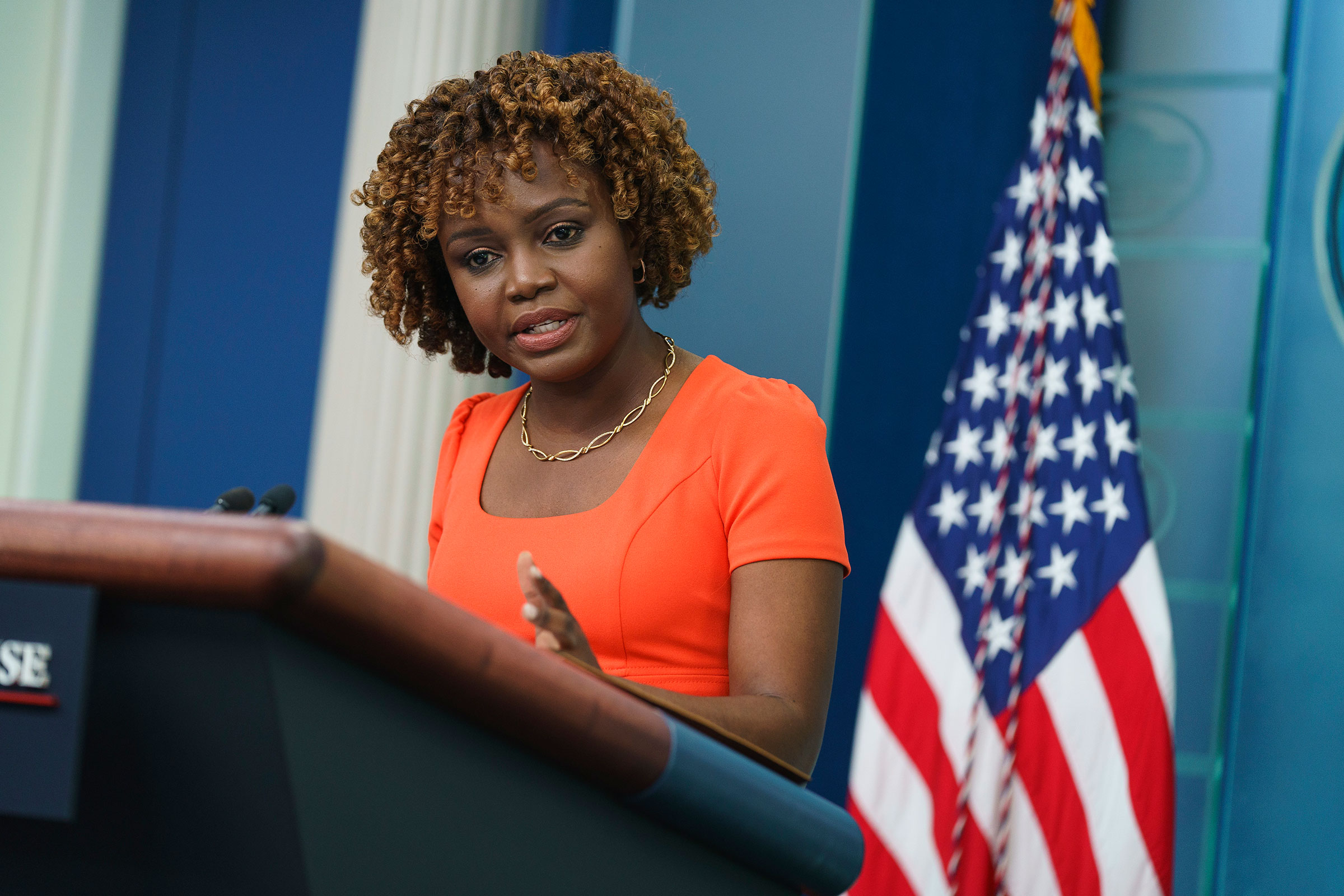 White House press secretary Karine Jean-Pierre speaks during a press briefing at the White House, Wednesday, May 24.