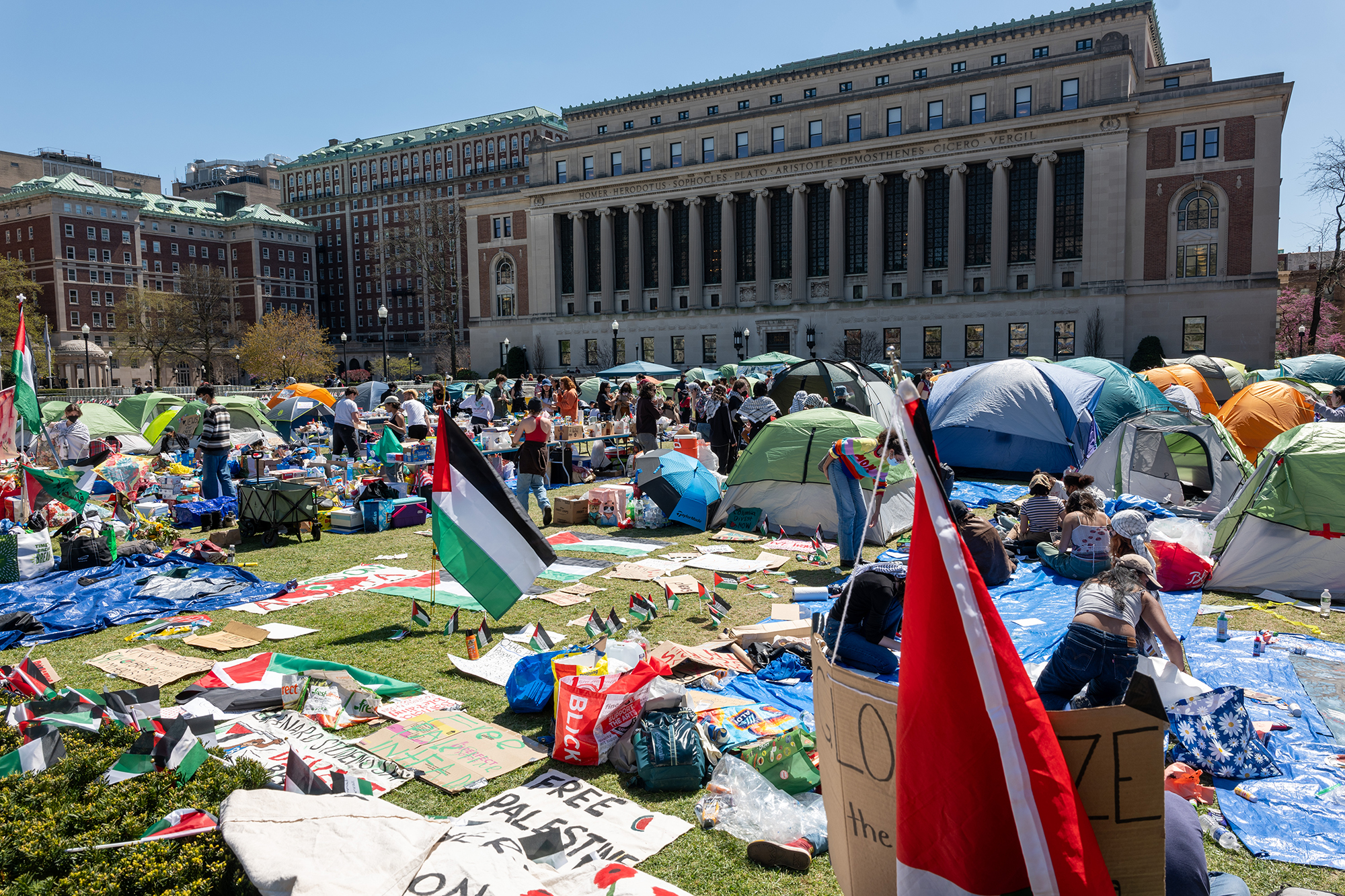 Pro-Palestine supporters, some in tents, gather on the campus of Columbia University on April 22, 2024 in New York City. 