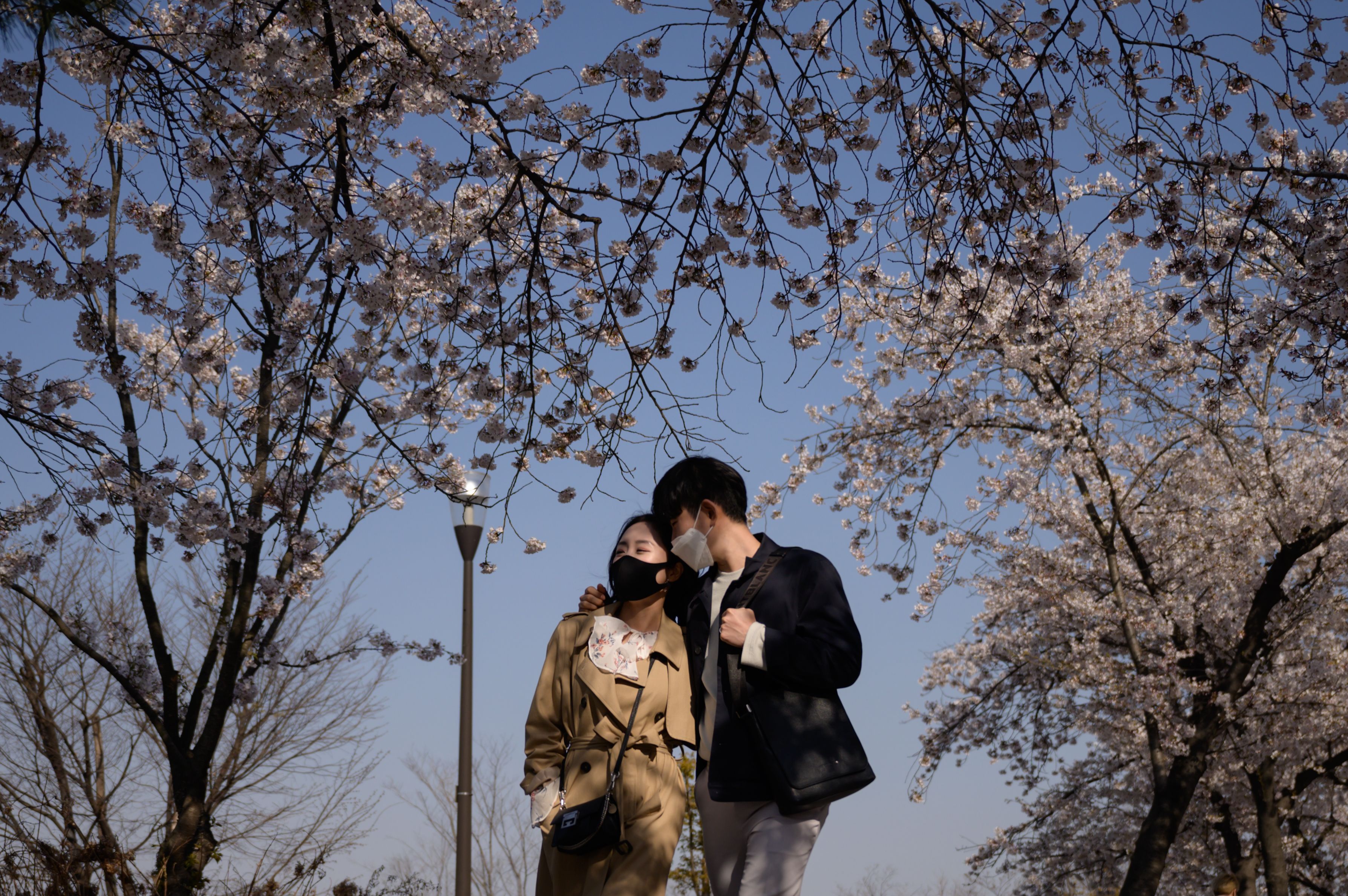 A couple walks in the Yeouido district of Seoul, South Korea, on April 5.