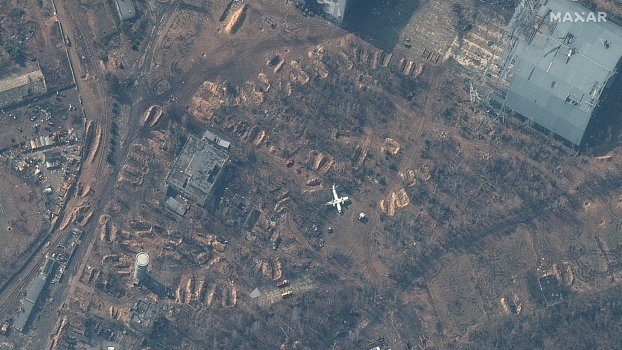 A satellite image shows empty revetments at Antonov Airport in Hostomel, Ukraine on March 31.