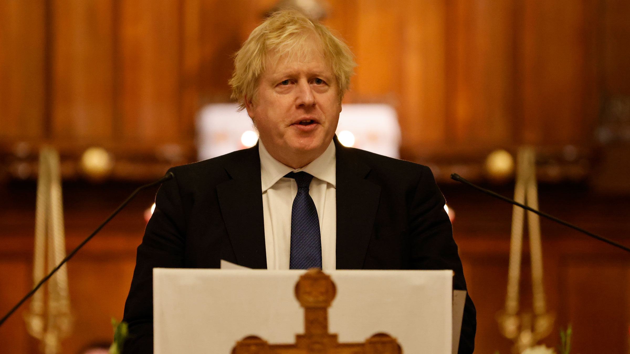 British Prime Minister Boris Johnson speaks at the Ukrainian Catholic Cathedral in London on Sunday.