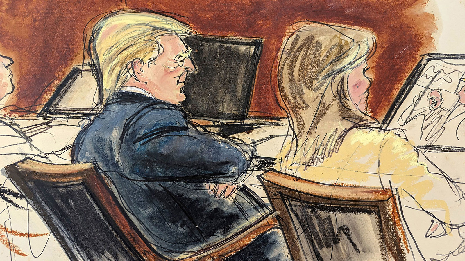A courtroom sketch shows Donald Trump sitting with arms folded beside his attorney, Alina Habba in Federal Court, in New York,  on Wednesday, January 17.