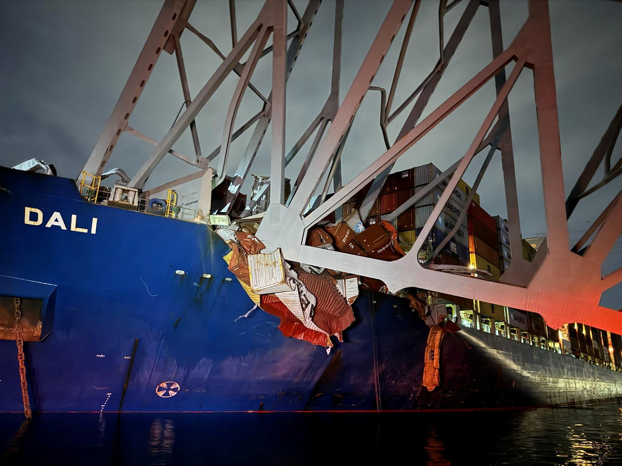 A close up view of the Dali cargo vessel which crashed into the Francis Scott Key Bridge in Baltimore, Maryland, on March 26.
