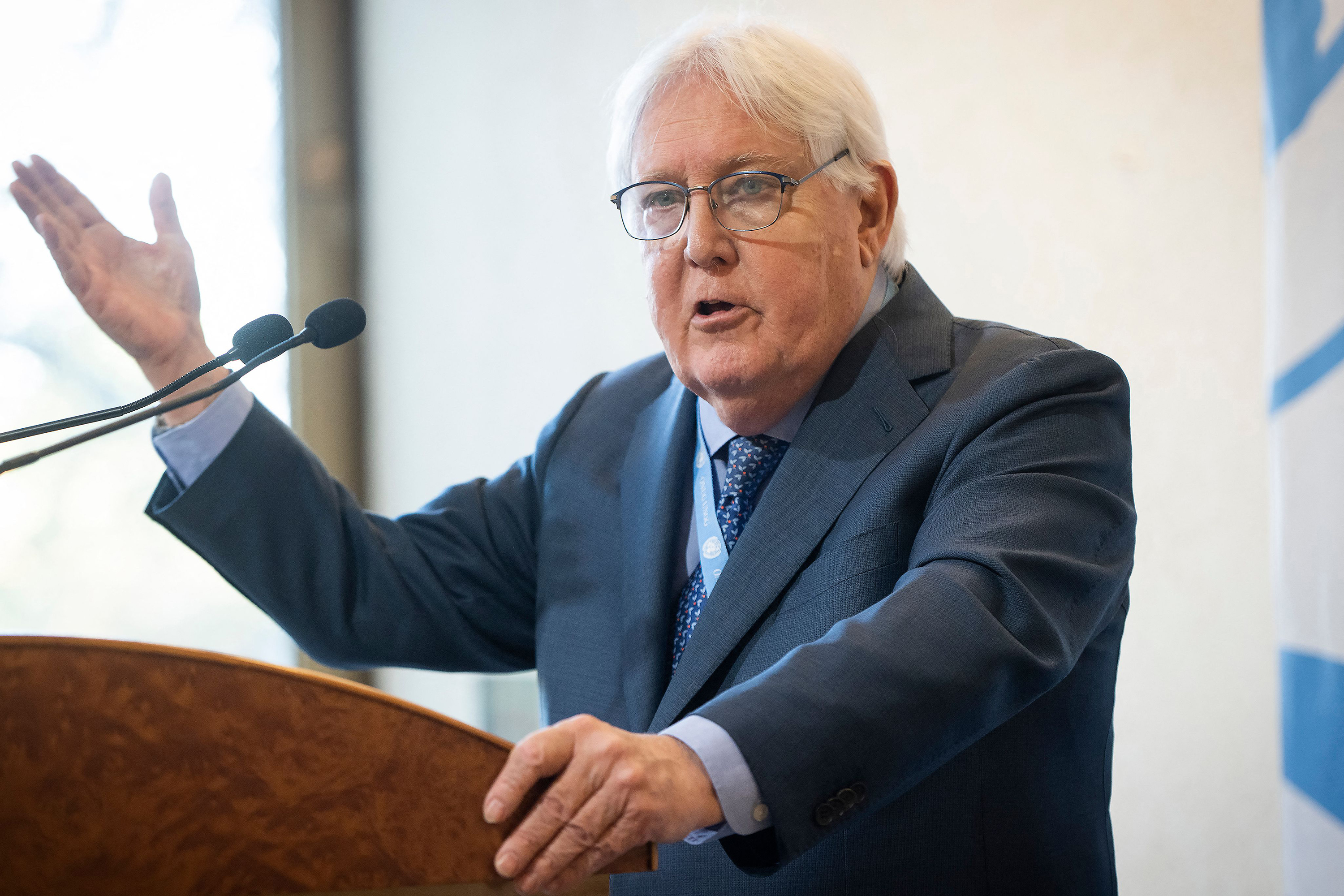 The United Nations relief chief Martin Griffiths speaks during a press conference on the situation in Gaza, at UN Building in Geneva, on November 15.