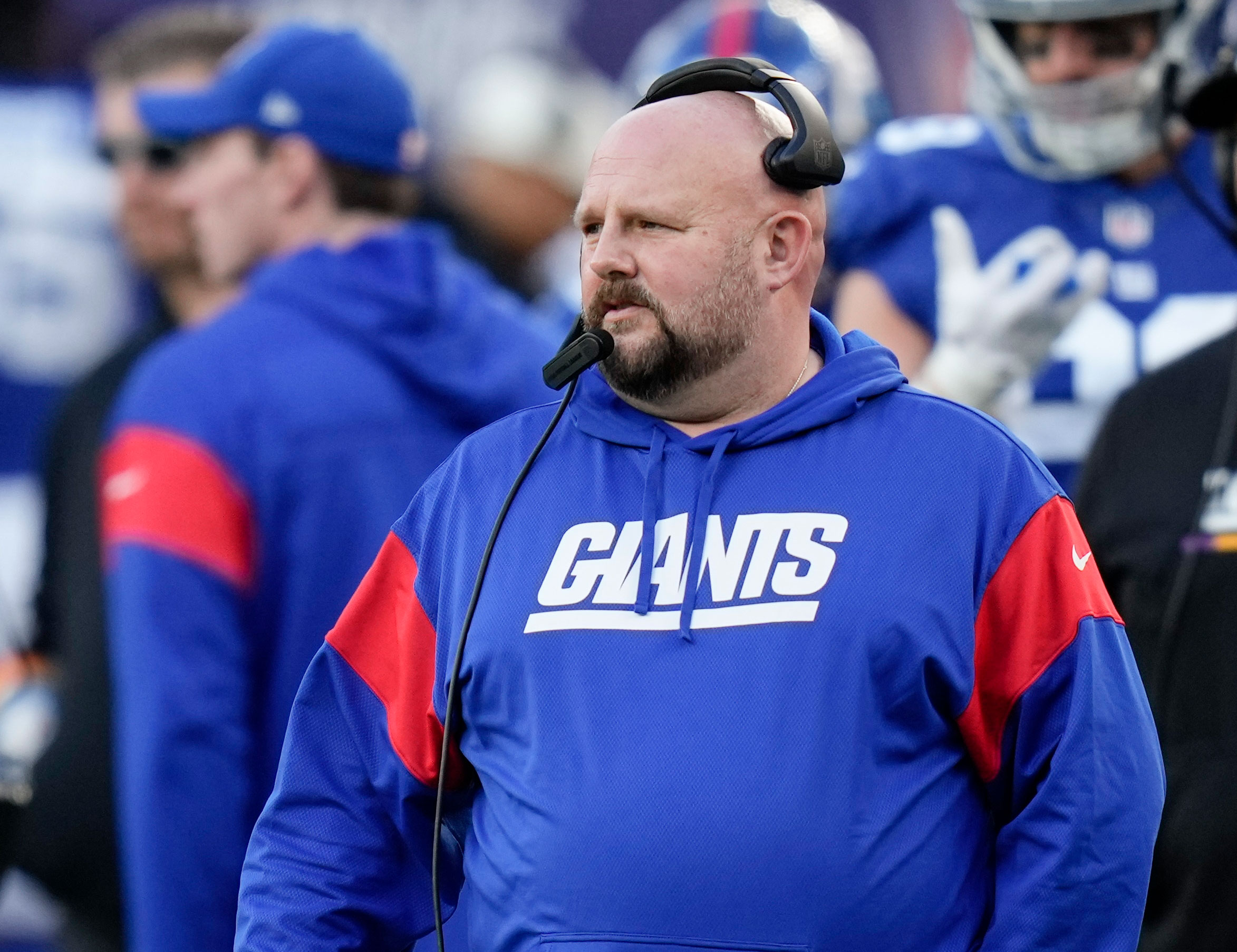 New York Giants head coach Brian Daboll coaches from the sidelines during the Giants' game against the Indianapolis Colts on January 1. 