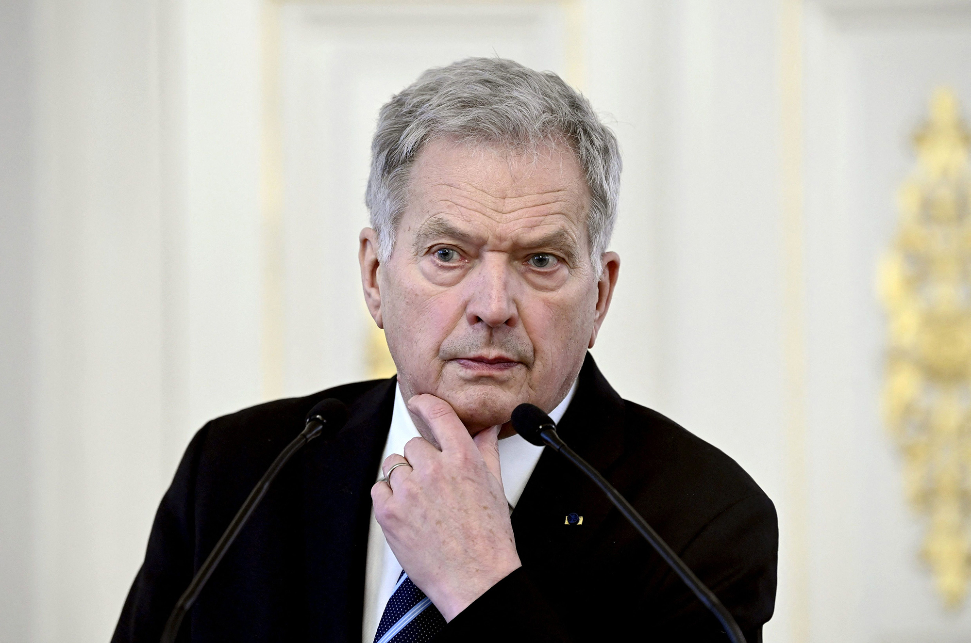 Finnish President Sauli Niinistö attends a press conference in Helsinki, Finland on February 24. 