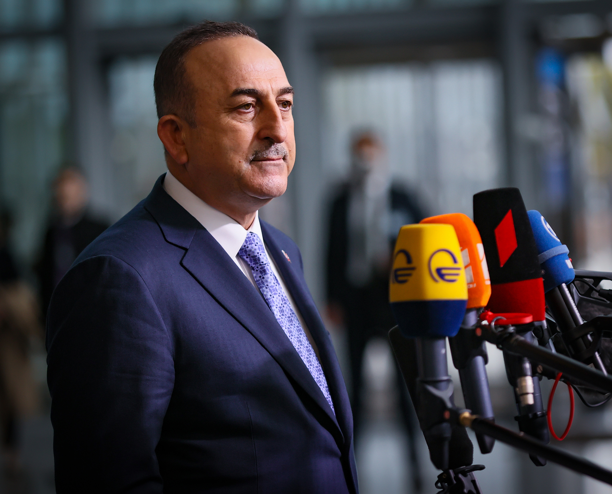Turkish Foreign Minister Mevlut Cavusoglu speaks to media at NATO Headquarters on April 6 in Brussels, Belgium. 