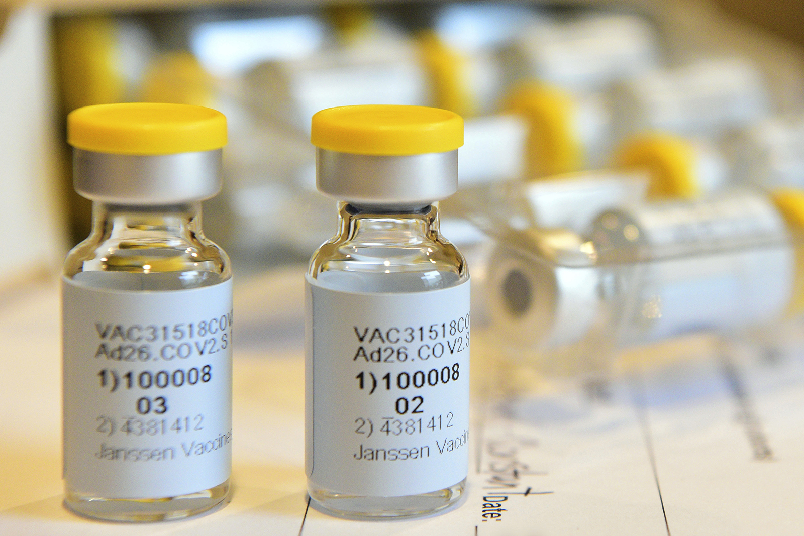 This September 2020 photo provided by Johnson & Johnson shows vials for a single-dose Covid-19 vaccine being developed by the company. 