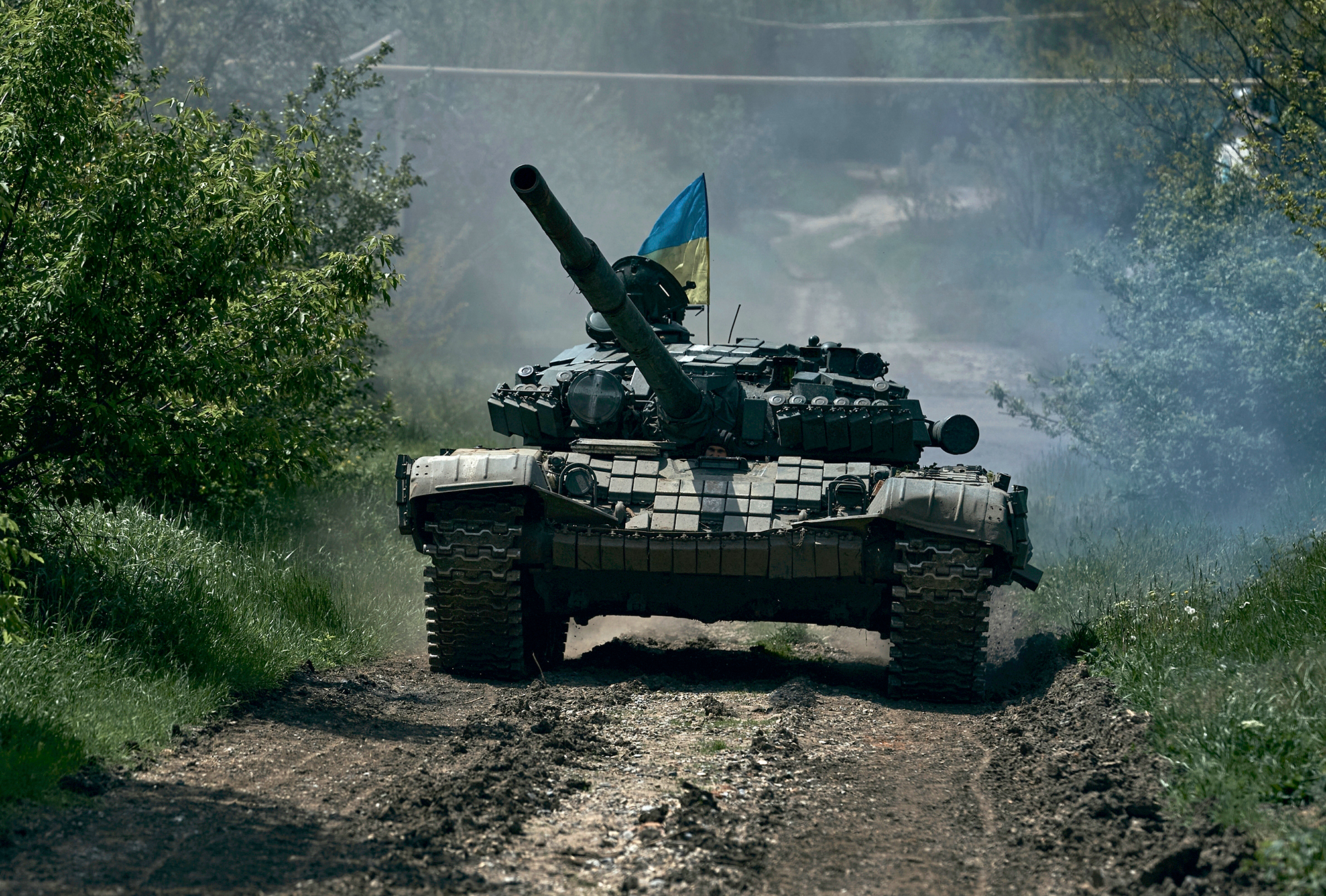A Ukrainian tank travels near Bakhmut, Ukraine, on May 12.