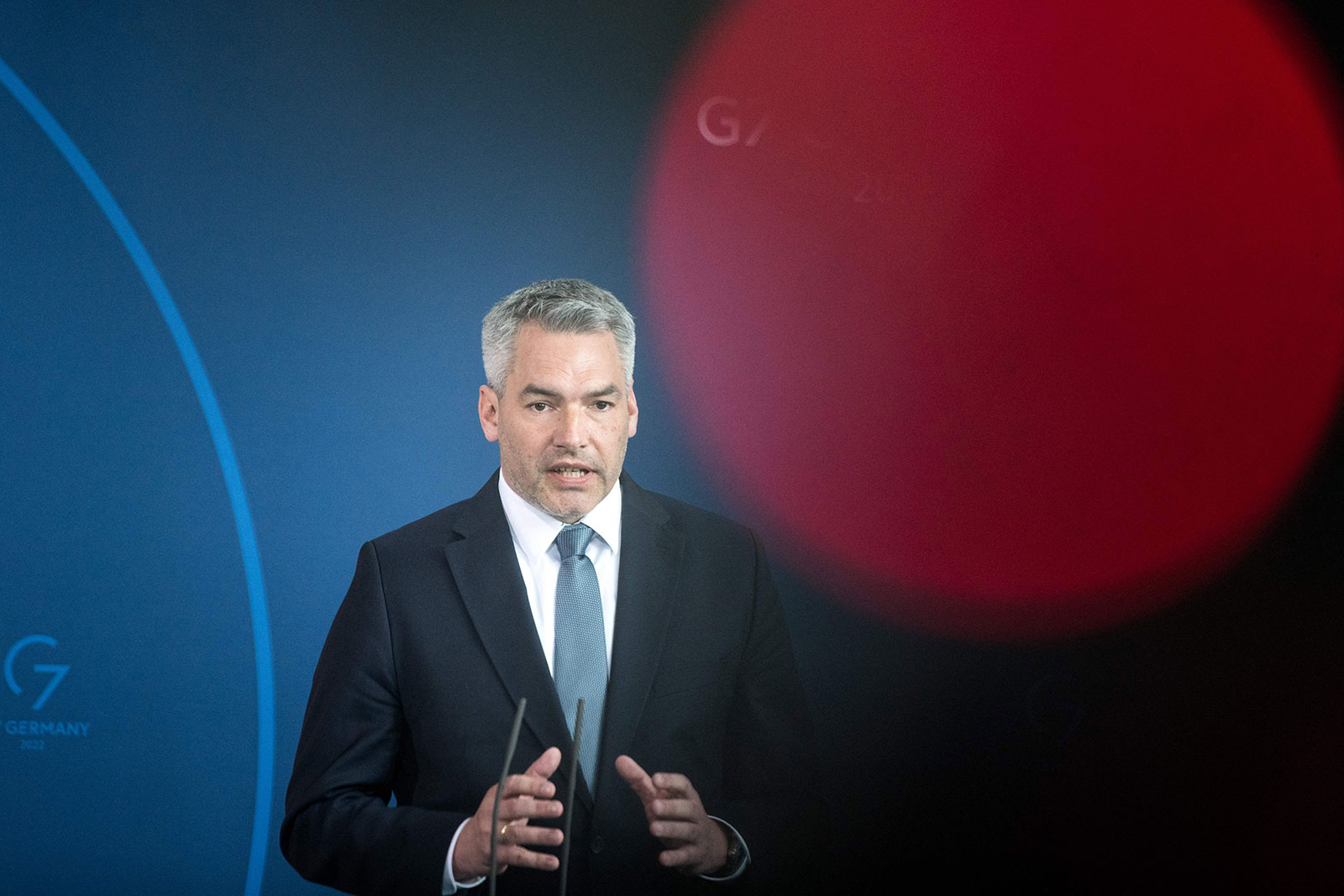 Austrian Chancellor Karl Nehammer addresses a joint press conference in Berlin on March 31.