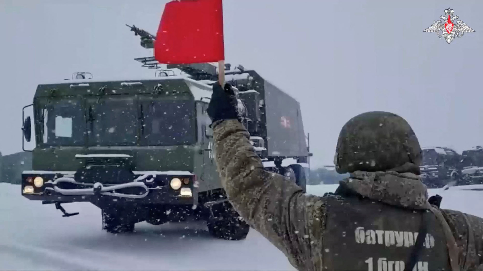 A military vehicle of the Bastion coastal missile system on duty on the Kuril island of Paramushir, Russia, in this still image taken from video released on December 5, 2022. 