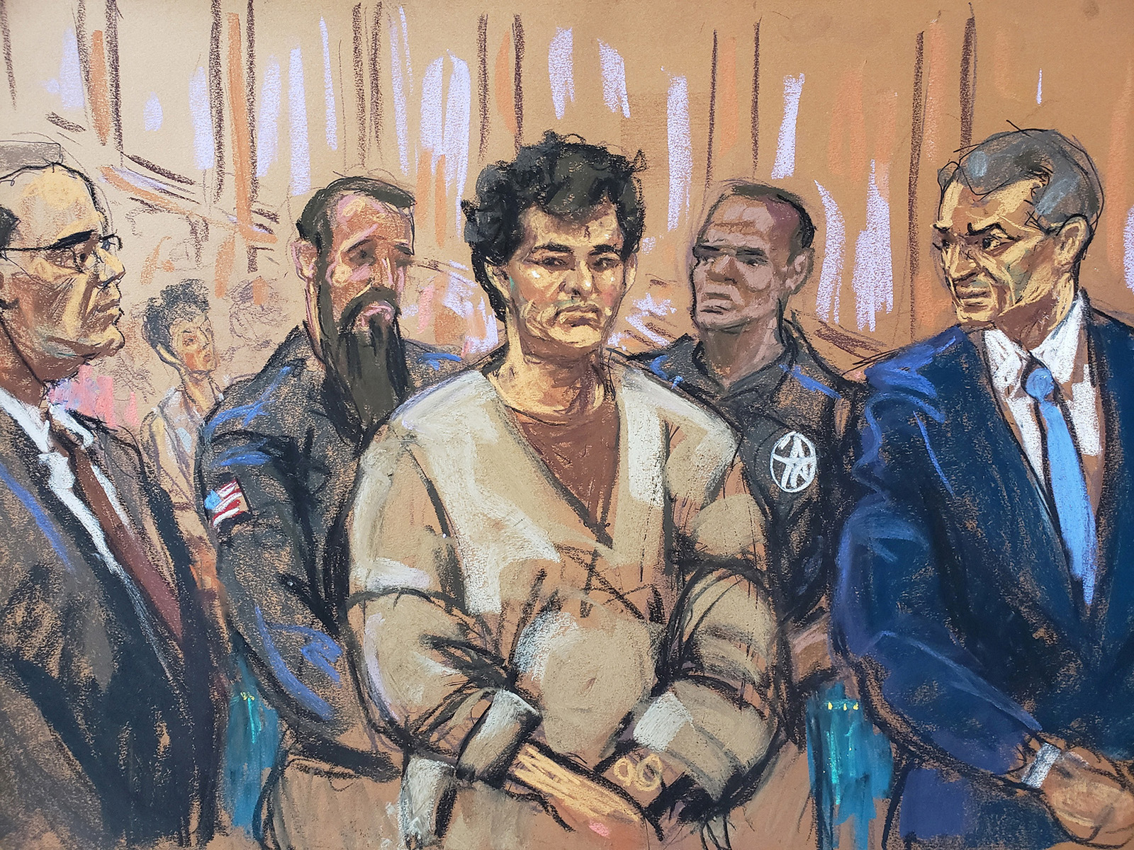 In this courtroom sketch, FTX cryptocurrency exchange founder Sam Bankman-Fried, wearing prison clothing, stands between his attorneys Mark Cohen and Christian Everdell in Manhattan federal court where he plead guilty to seven criminal charges contained in a new indictment during a hearing before U.S. Magistrate Judge Sarah Netburn in New York City, on August 22.